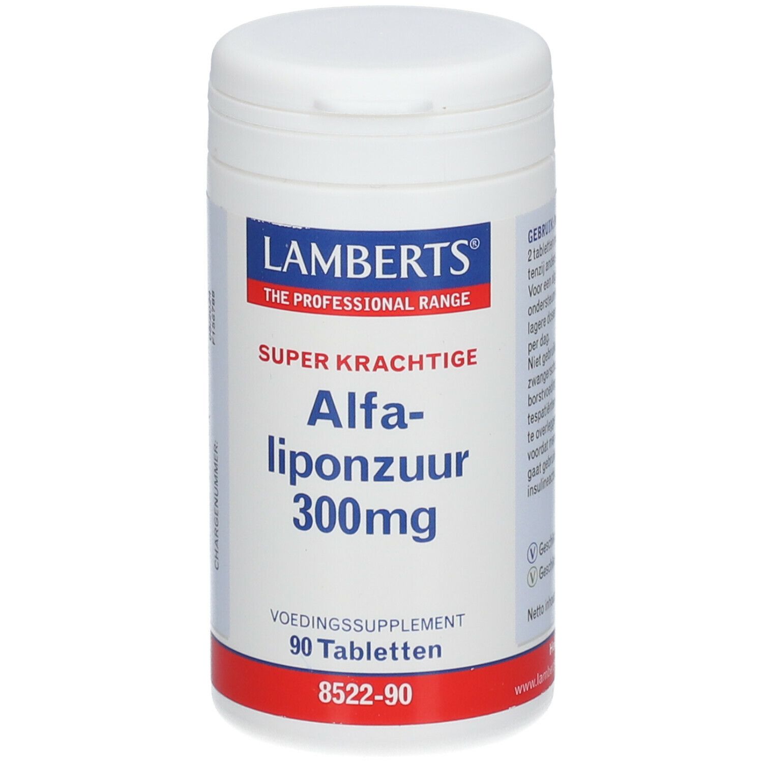 Weiße Flasche mit Lamberts-Etikett. Enthält 'Alfa-liponzuur 300mg'. 90 Tabletten. Roter Streifen am Boden.