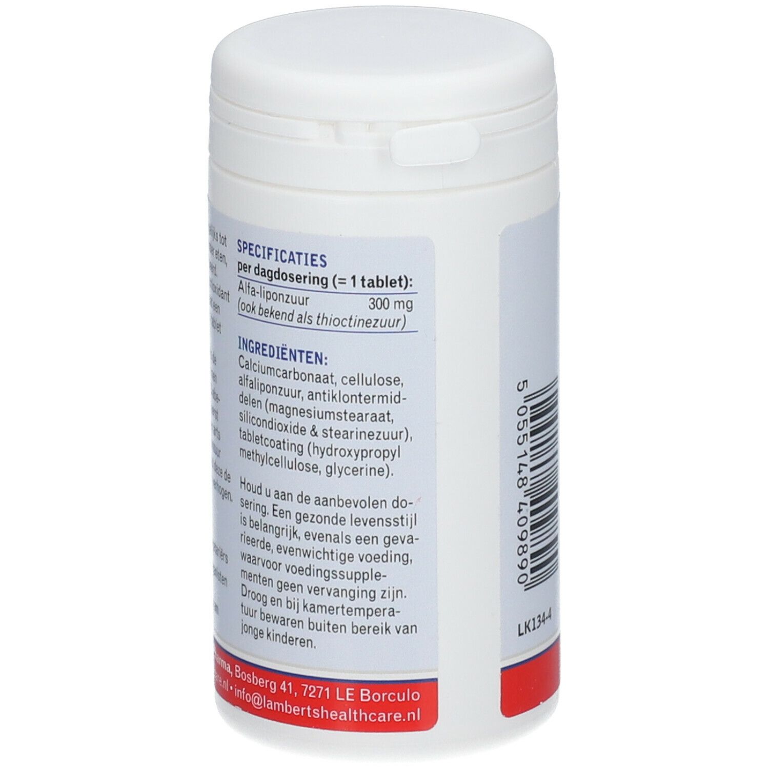 Weiße Flasche, Rückseite. Enthält Informationen zu Inhaltsstoffen und Dosierung. Text in Niederländisch.