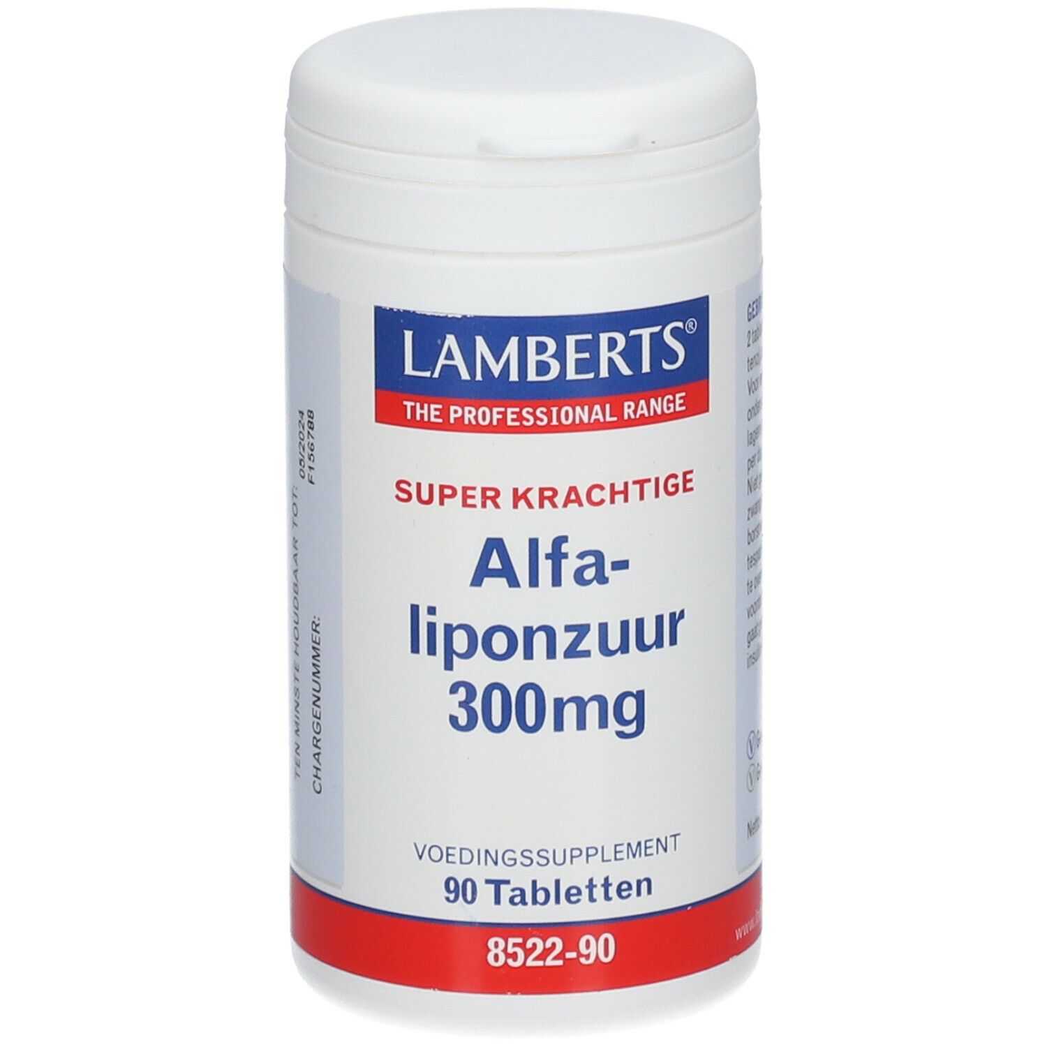 Weiße Flasche mit Lamberts-Etikett. Enthält 'Alfa-liponzuur 300mg'. 90 Tabletten. Roter Streifen am Boden.