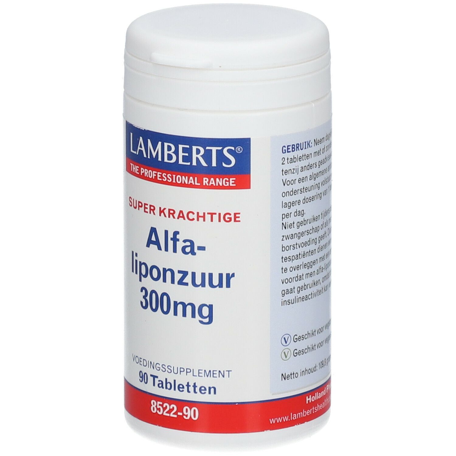Weiße Flasche mit Lamberts-Etikett. Enthält 'Alfa-liponzuur 300mg'. 90 Tabletten. Roter Streifen am Boden.