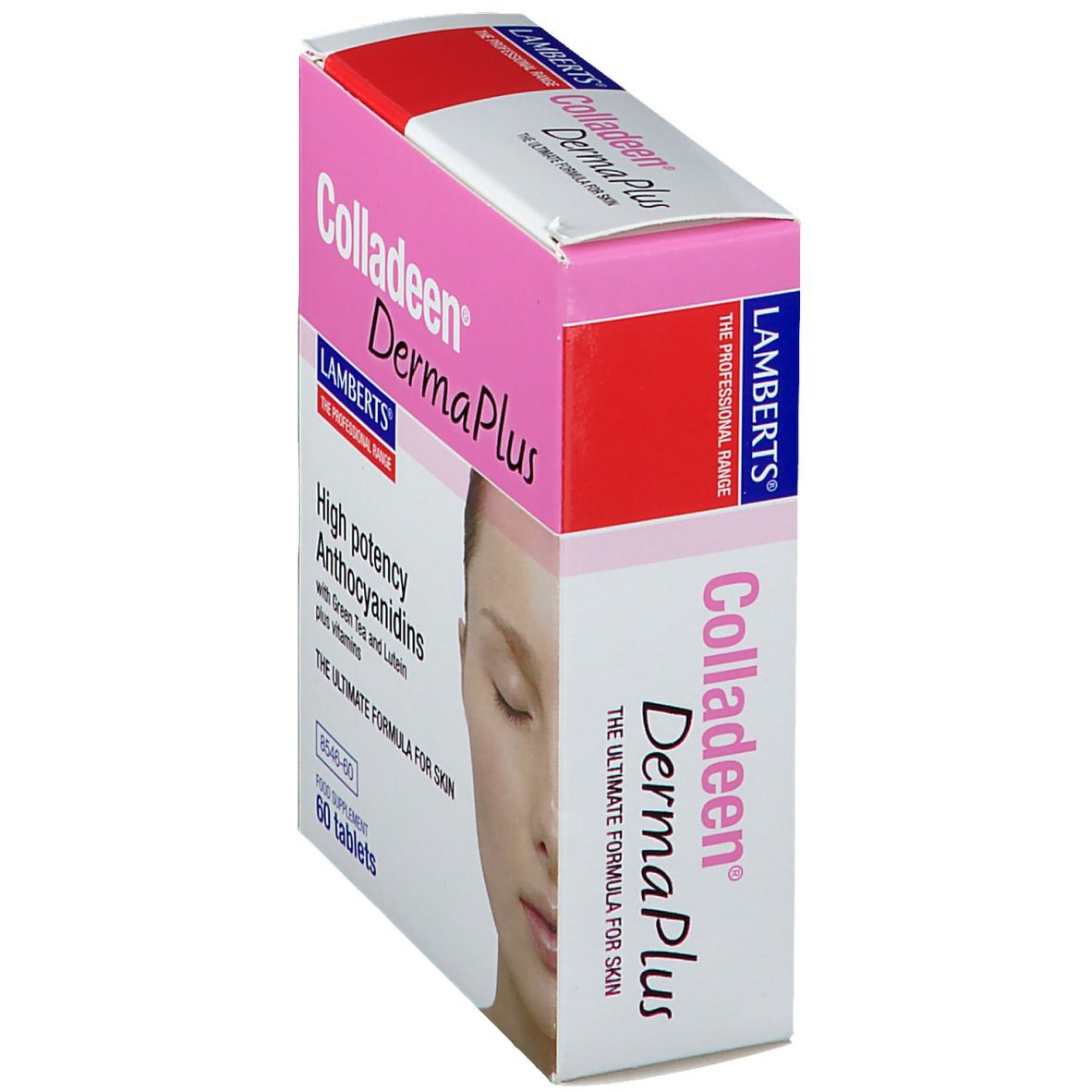 Boîte Colladeen DermaPlus en biais. Rectangulaire rose et blanc avec nom et description. Contient 60 comprimés.