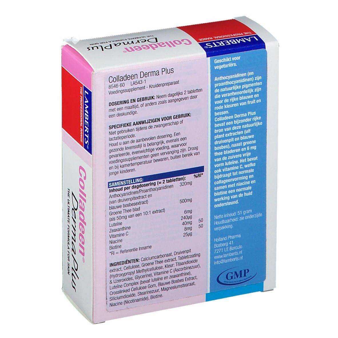 Dos de la boîte Colladeen DermaPlus. Contient des informations sur les ingrédients et le dosage. Logo GMP.
