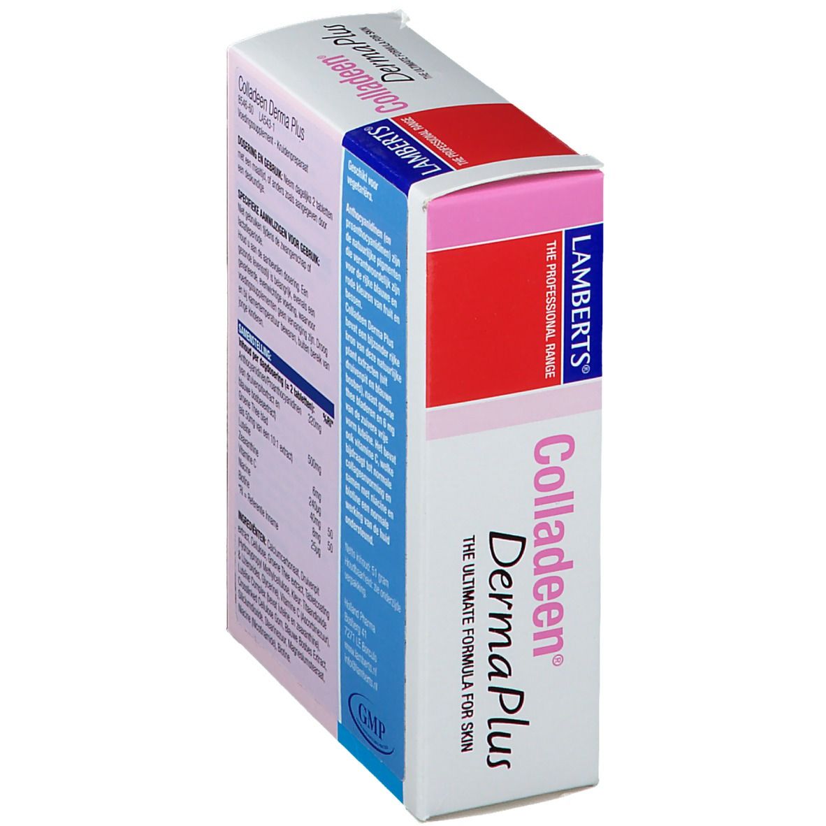 Boîte Colladeen DermaPlus en biais. Rectangulaire rose et blanc avec informations produit. Logo GMP.