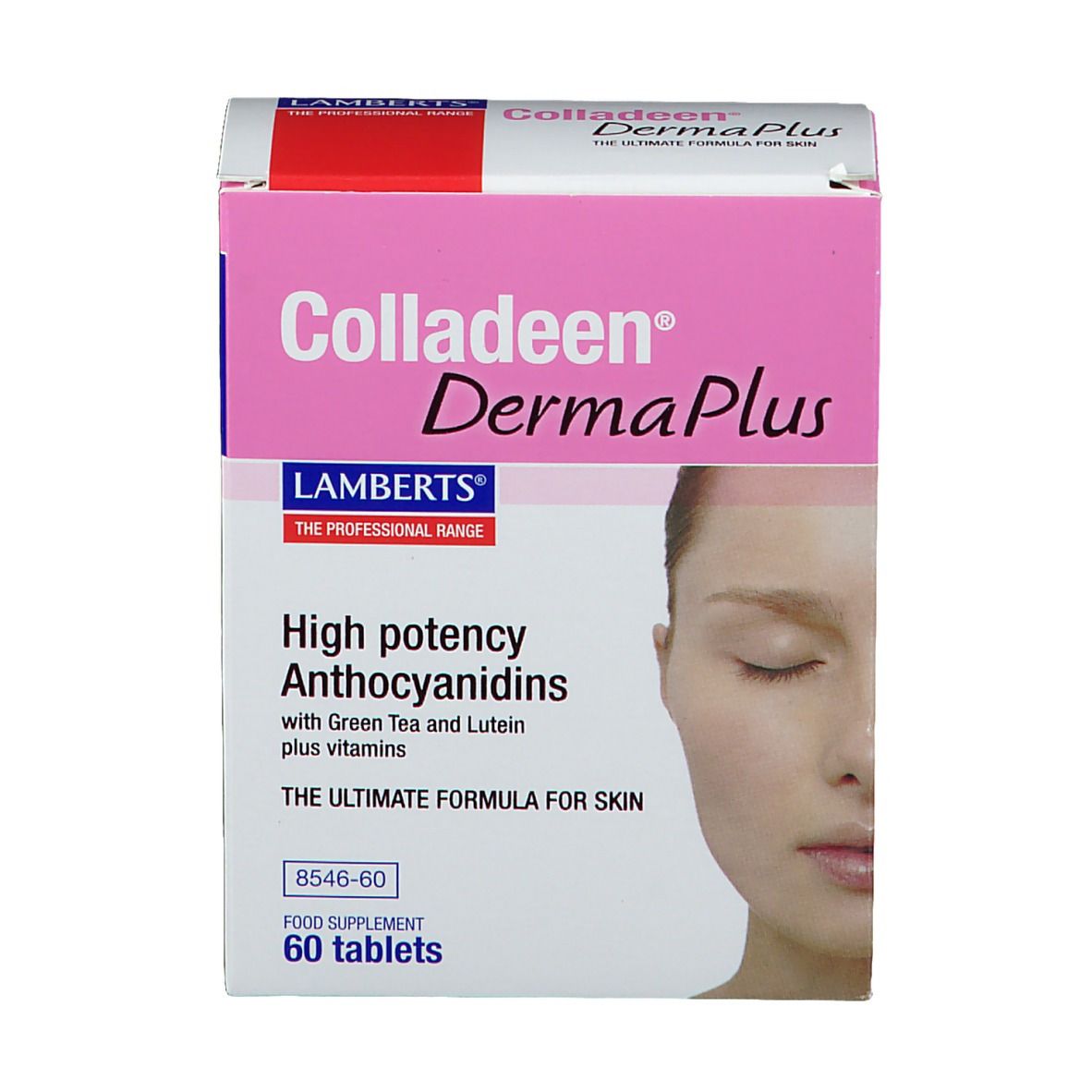 Boîte Colladeen DermaPlus. Rectangulaire rose et blanc avec nom et description du produit. Contient 60 comprimés.