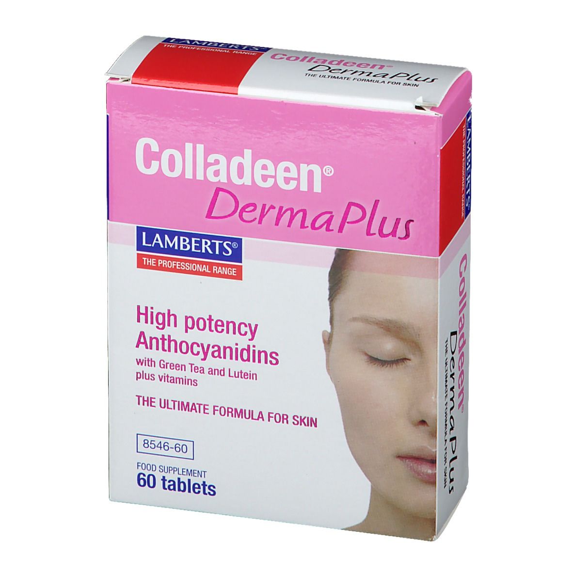 Boîte Colladeen DermaPlus. Rectangulaire rose et blanc avec nom et description du produit. Contient 60 comprimés.