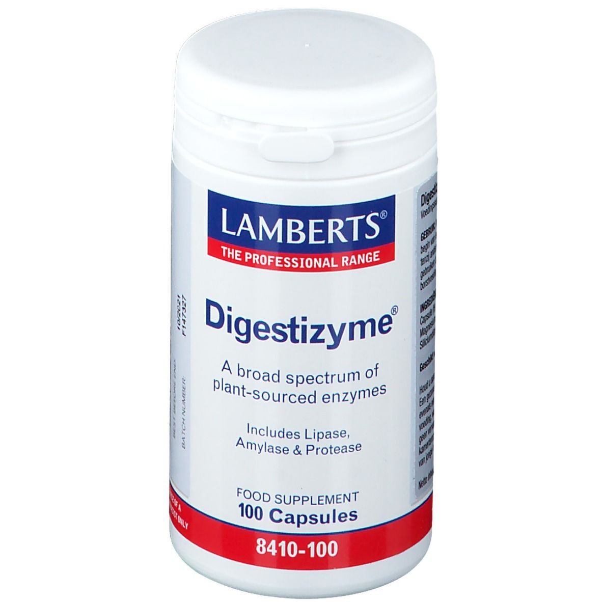 Witte pot met "Digestizyme" en "Lamberts" logo. Bevat 100 capsules. Opschrift: "A broad spectrum of plant-sourced enzymes".