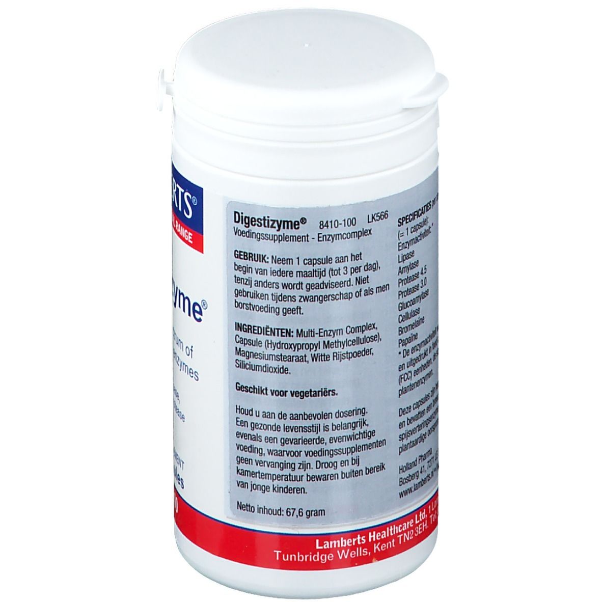 Witte pot met tekst. Bevat informatie over ingrediënten en gebruiksaanwijzing. "Digestizyme" en "Lamberts" logo zichtbaar.