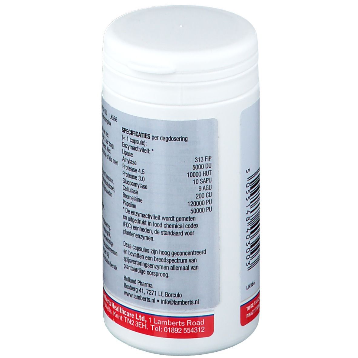 Witte pot met tekst. Bevat informatie over enzymactiviteiten. "Digestizyme" en "Lamberts" logo zichtbaar.