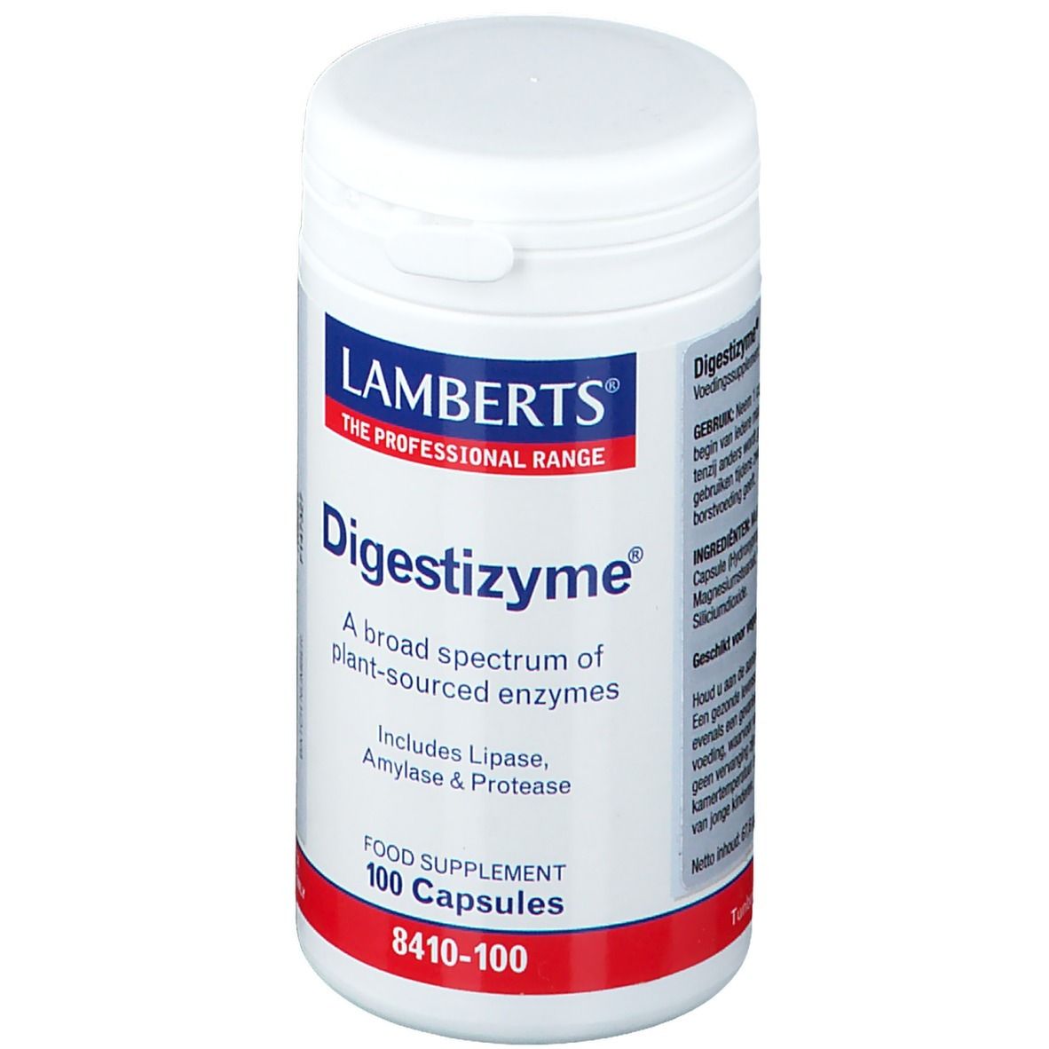 Witte pot met "Digestizyme" en "Lamberts" logo. Bevat 100 capsules. Opschrift: "A broad spectrum of plant-sourced enzymes".