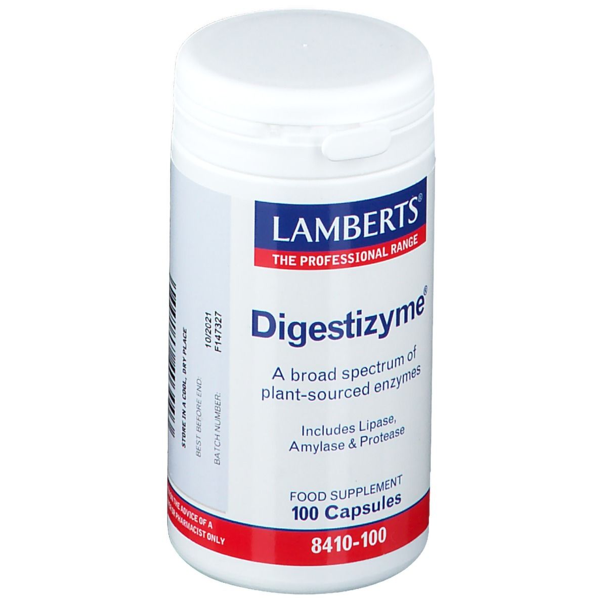 Witte pot met "Digestizyme" en "Lamberts" logo. Bevat 100 capsules. Met houdbaarheidsdatum. Opschrift: "A broad spectrum of plant-sourced enzymes".