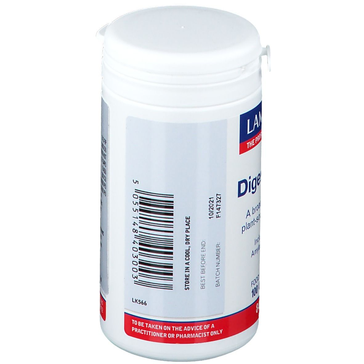 Witte pot met barcode en tekst. Bevat informatie over opslag en fabrikant. "Digestizyme" en "Lamberts" logo zichtbaar.