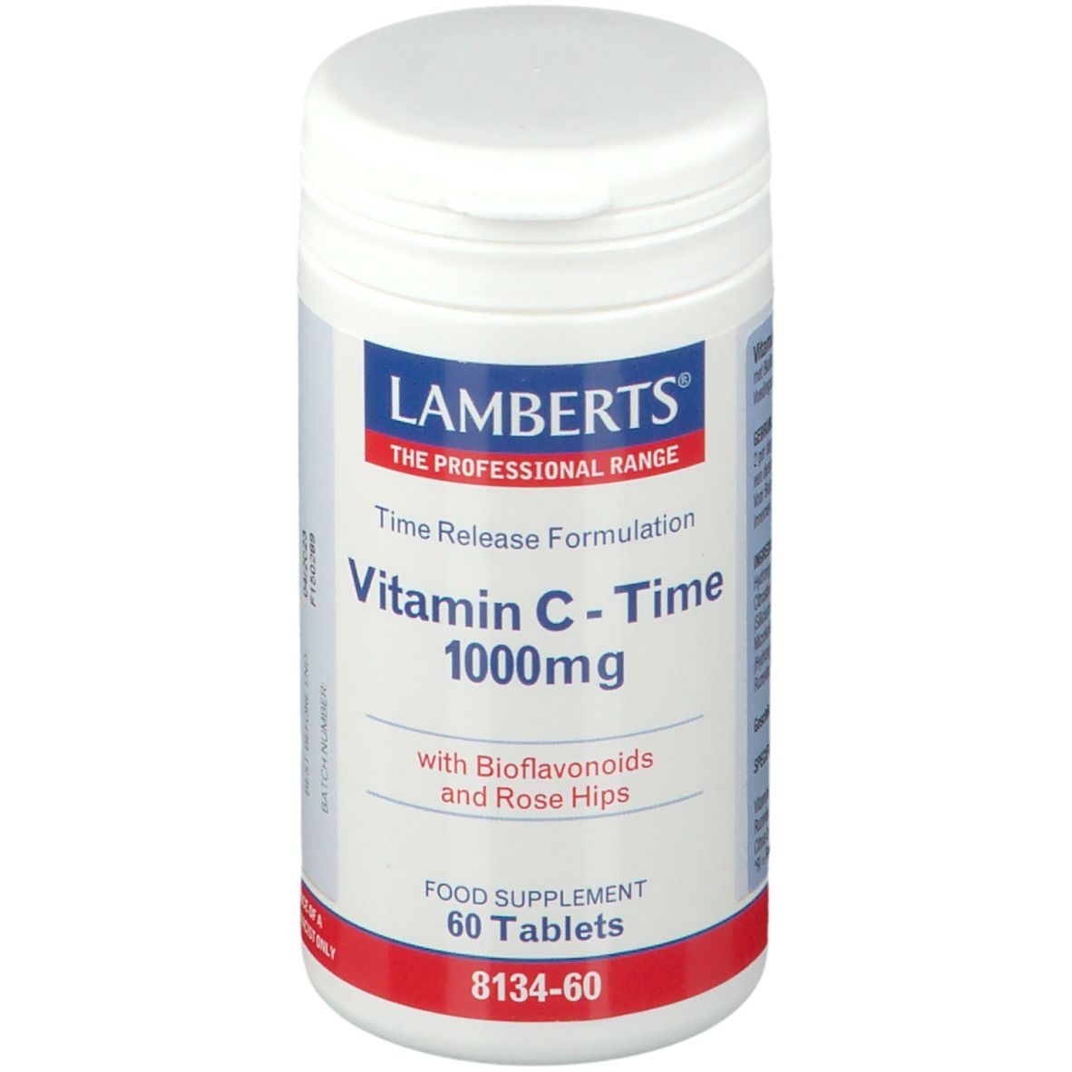 Flacon blanc de comprimés. Contient de la vitamine C 1000mg, 60 comprimés. Marque Lamberts. Inscription bleue et rouge.
