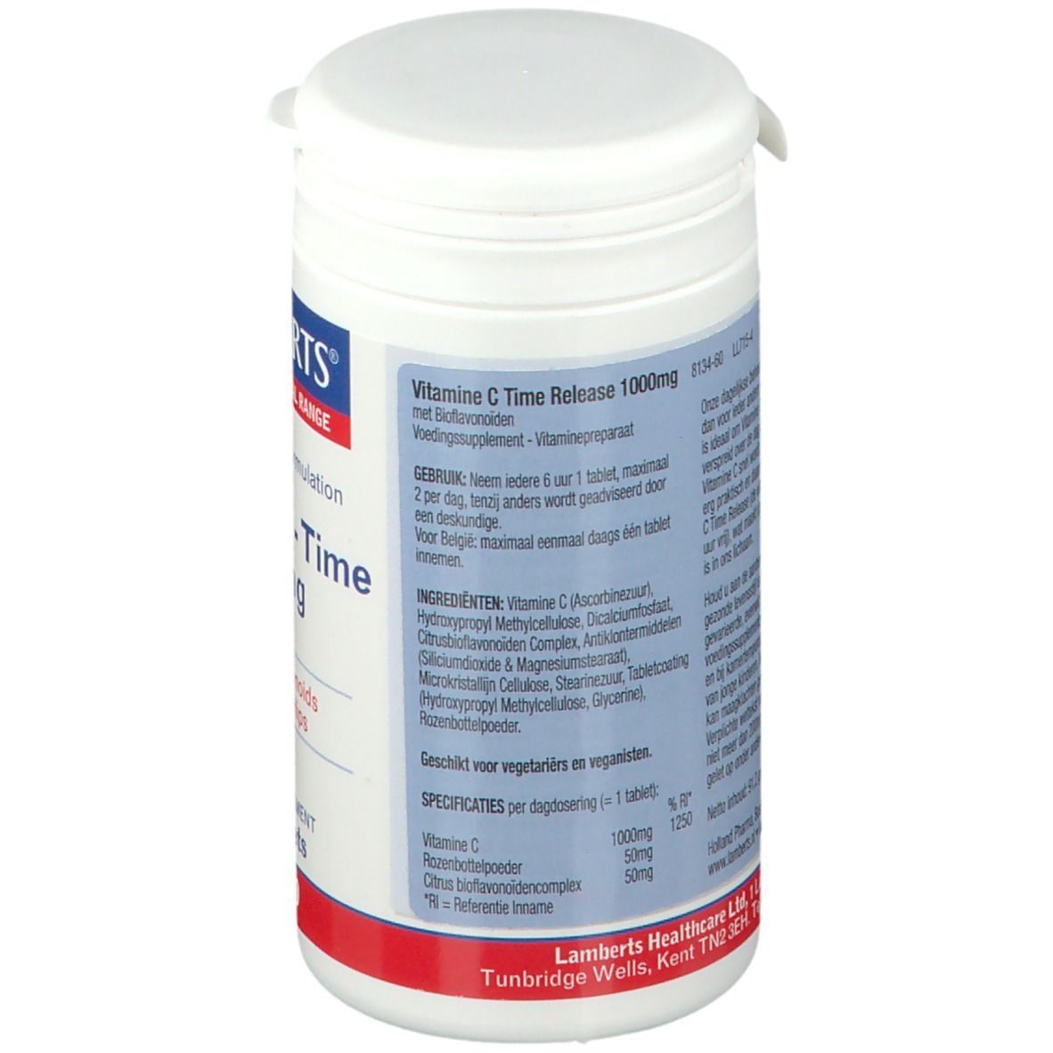 Dos de la bouteille de comprimés. Contient des informations sur les ingrédients et le dosage. Marque Lamberts.