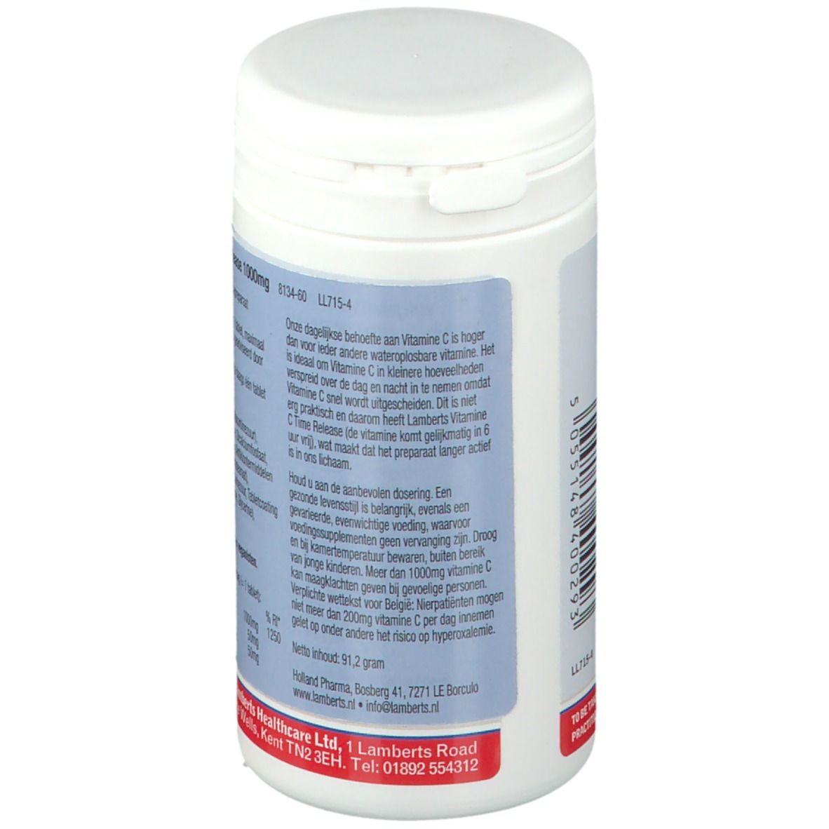 Dos de la bouteille de comprimés. Contient des informations sur les ingrédients et le dosage. Marque Lamberts.