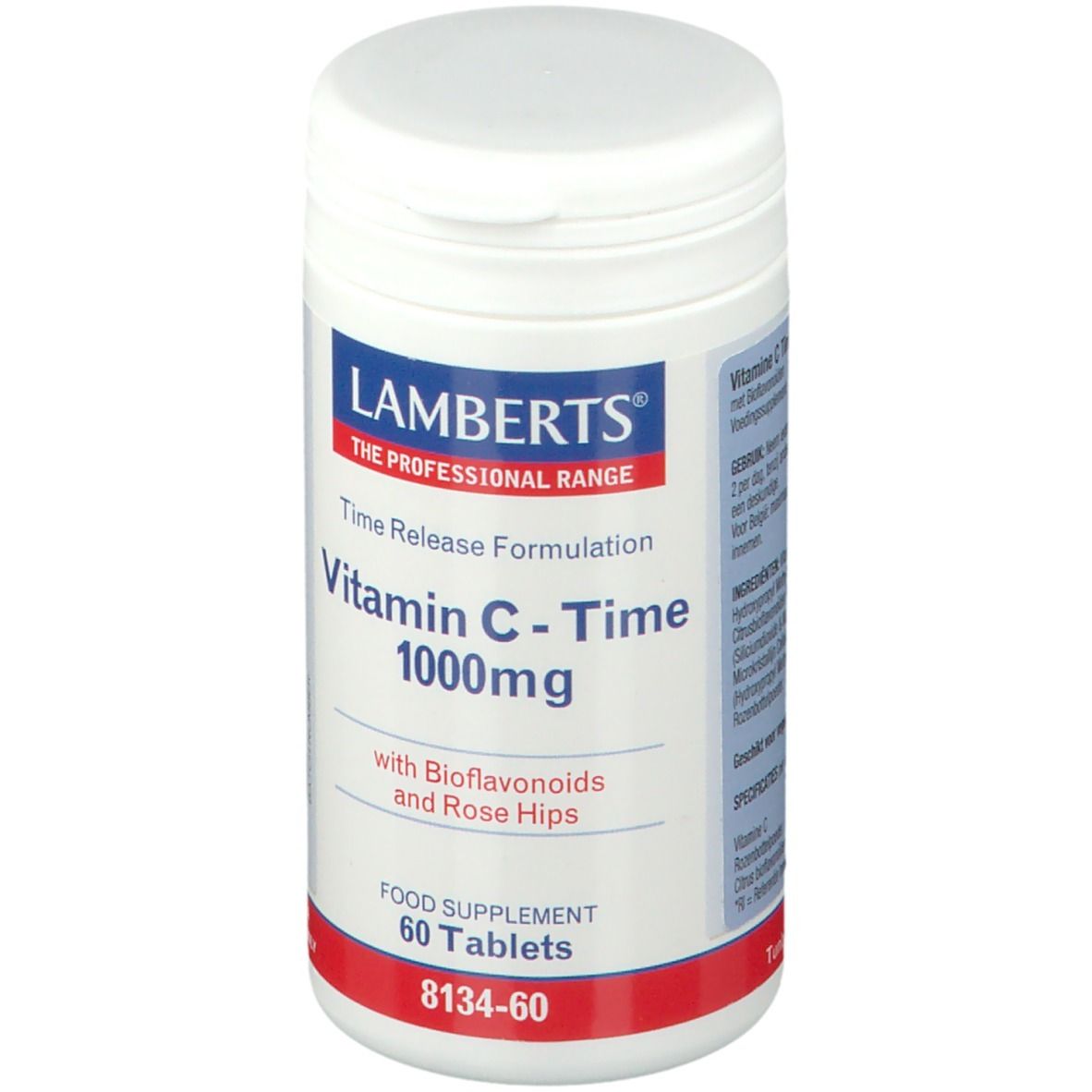 Flacon blanc de comprimés. Contient de la vitamine C 1000mg, 60 comprimés. Marque Lamberts. Inscription bleue et rouge.