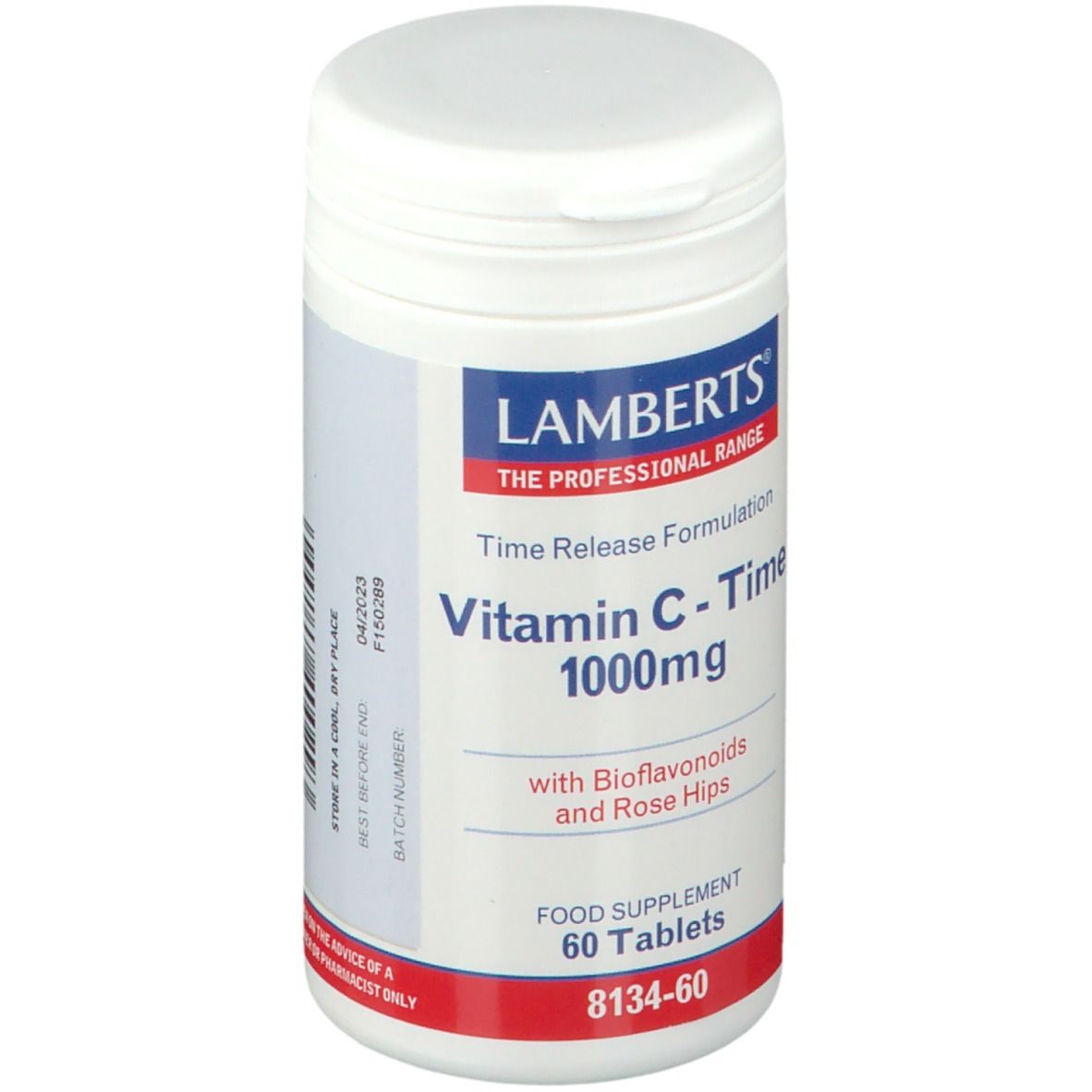 Flacon blanc de comprimés. Contient de la vitamine C 1000mg, 60 comprimés. Marque Lamberts. Inscription bleue et rouge.