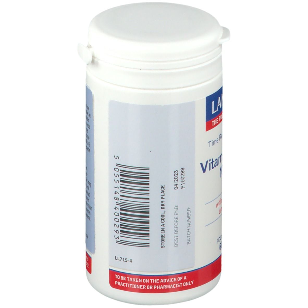 Dos de la bouteille de comprimés. Contient des informations sur les ingrédients et le dosage. Marque Lamberts.