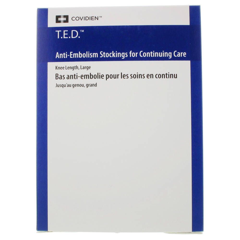 Boîte de bas anti-embolie COVIDIEN™ T.E.D. pour soins continus. Taille genou, grand. Emballage blanc et bleu.