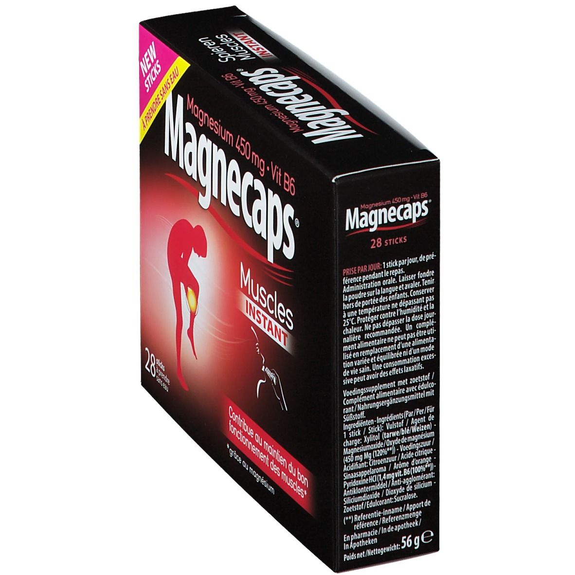 Boîte de Magnecaps, 28 sticks. Inscription: Magnésium 450 mg + Vit B6. Illustration: personne avec douleur à la jambe. Vue en angle.
