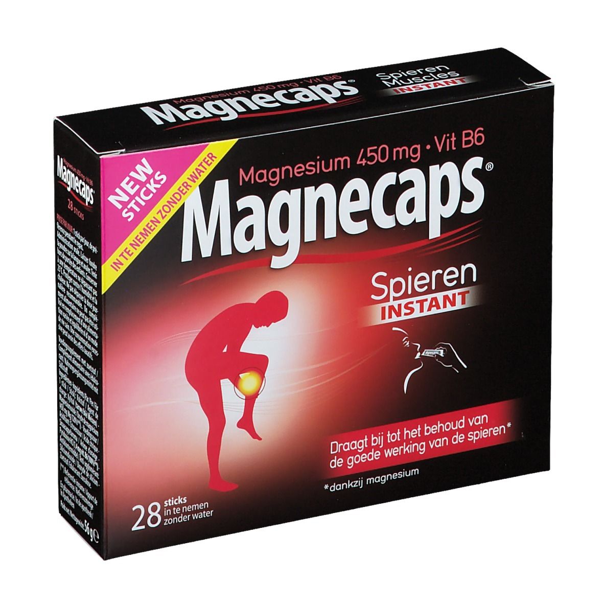 Boîte de Magnecaps, 28 sticks. Inscription: Magnésium 450 mg + Vit B6. Illustration: personne avec douleur à la jambe.