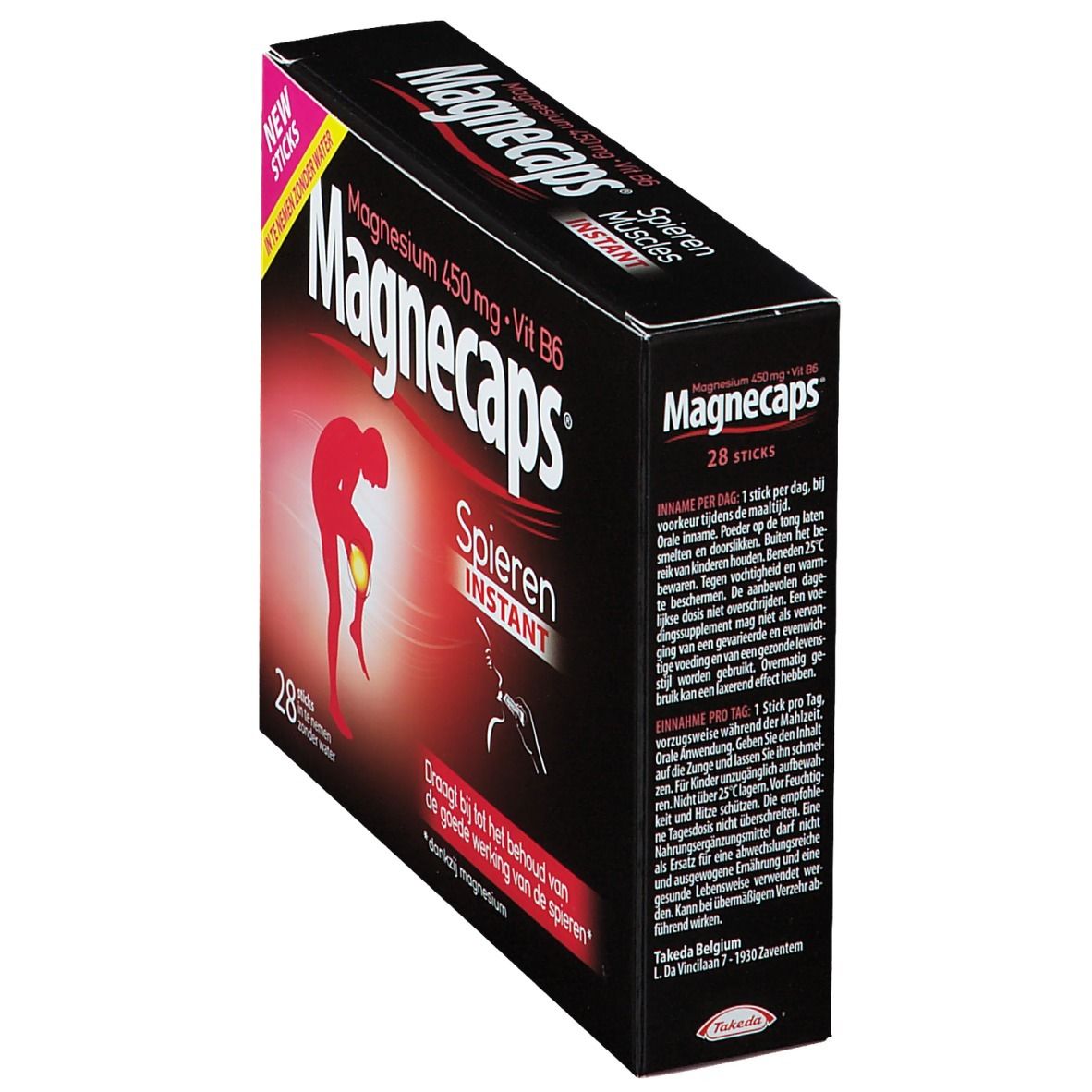 Boîte de Magnecaps, 28 sticks. Inscription: Magnésium 450 mg + Vit B6. Illustration: personne avec douleur à la jambe. Vue en angle.