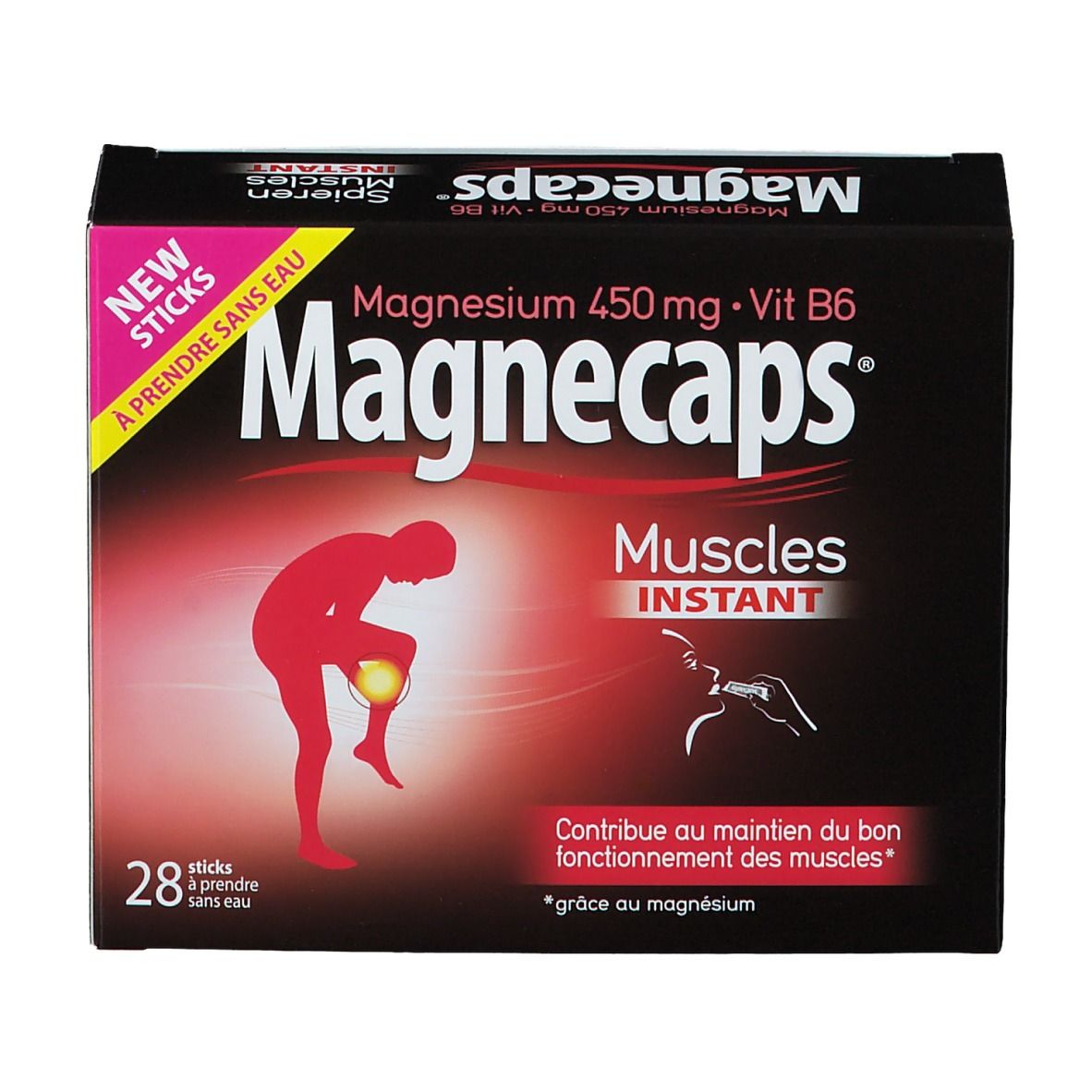 Boîte de Magnecaps, 28 sticks. Inscription: Magnésium 450 mg + Vit B6. Illustration: personne avec douleur à la jambe.