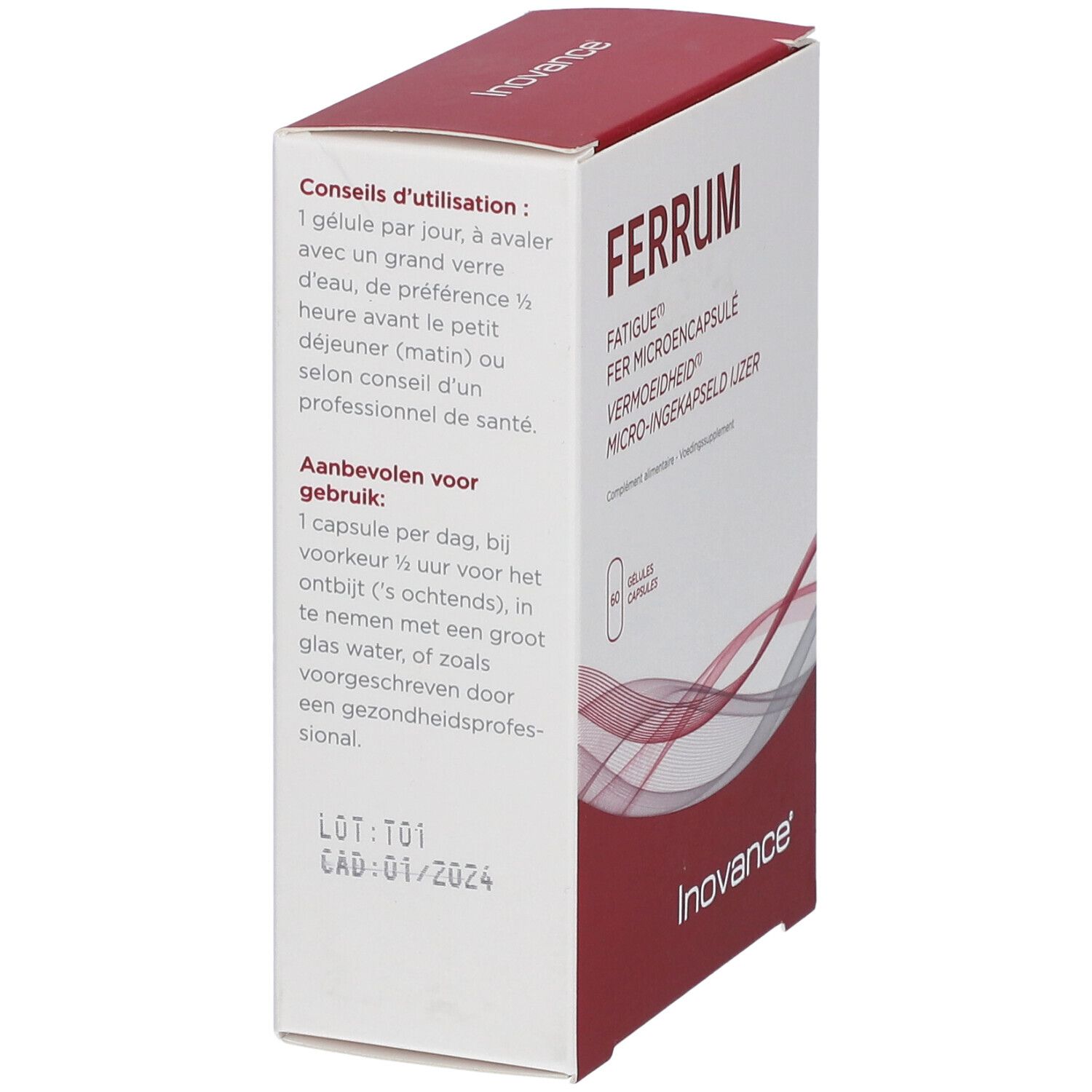 Inovance® Ferrum-Schachtel, Seitenansicht. Text: Ferrum, Fatigue, Fer Microencapsule, Vermoeidheid, Micro-ingekapseld ijzer. Gebrauchsanweisung und Inhaltsstoffe.