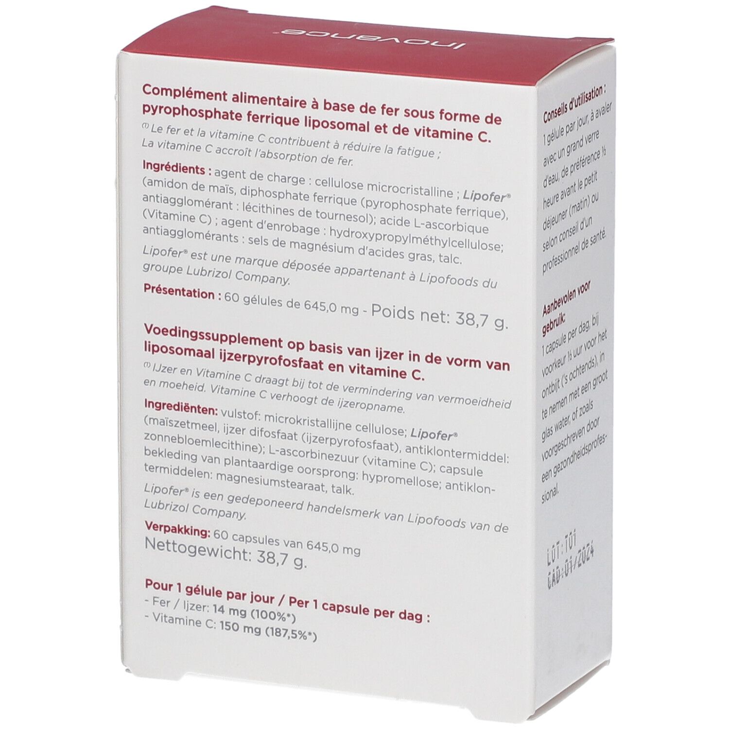 Rückseite der Inovance® Ferrum-Schachtel. Text: Nahrungsergänzungsmittel auf Eisenbasis und Vitamin C. Inhaltsstoffe und Nährwertangaben.