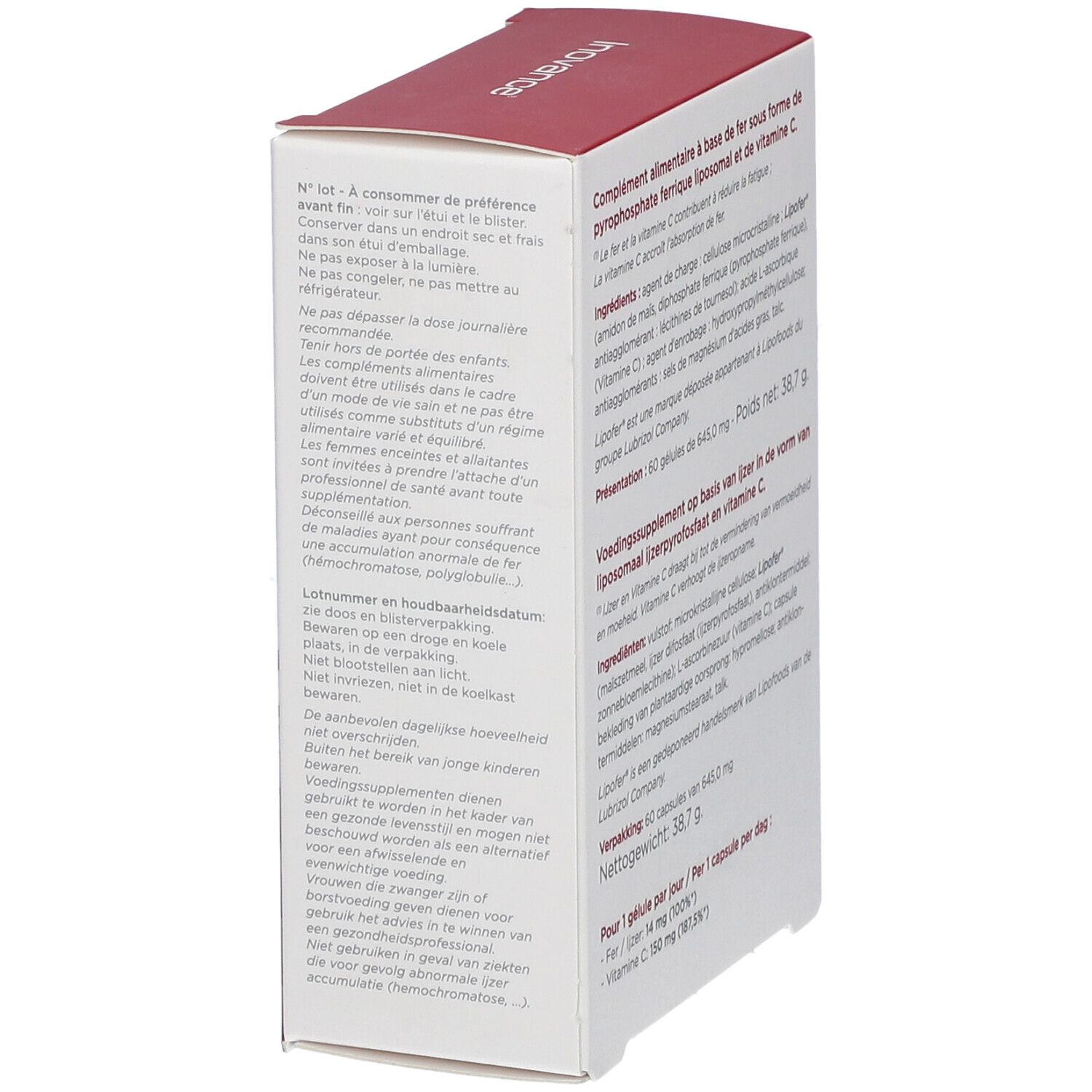 Rückseite der Inovance® Ferrum-Schachtel. Text: Nahrungsergänzungsmittel auf Eisenbasis und Vitamin C. Warnhinweise und Haltbarkeitsdatum.
