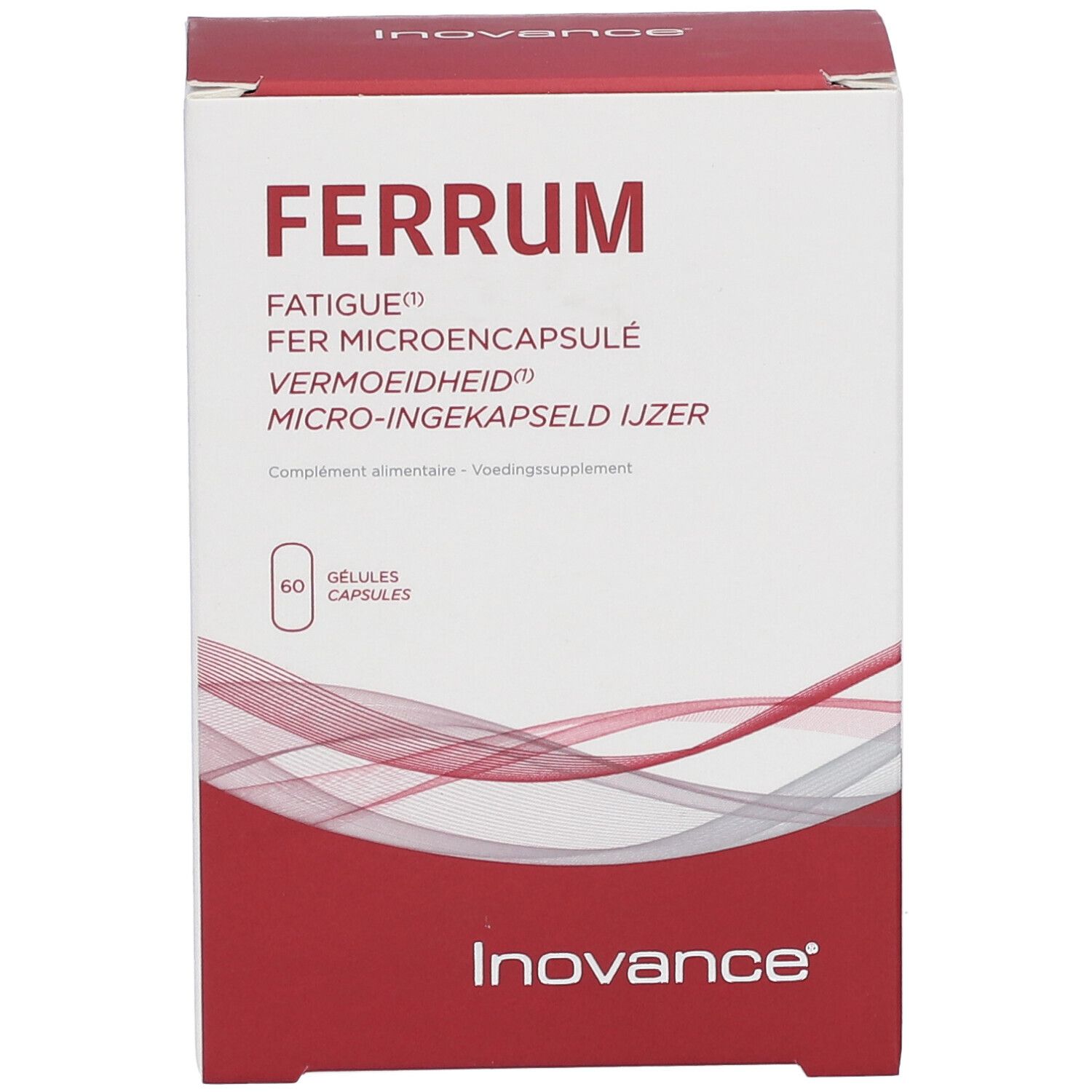 Inovance® Ferrum-Schachtel. Rote und weiße Verpackung. Enthält 60 Kapseln. Text: Ferrum, Fatigue, Fer Microencapsule, Vermoeidheid, Micro-ingekapseld ijzer.