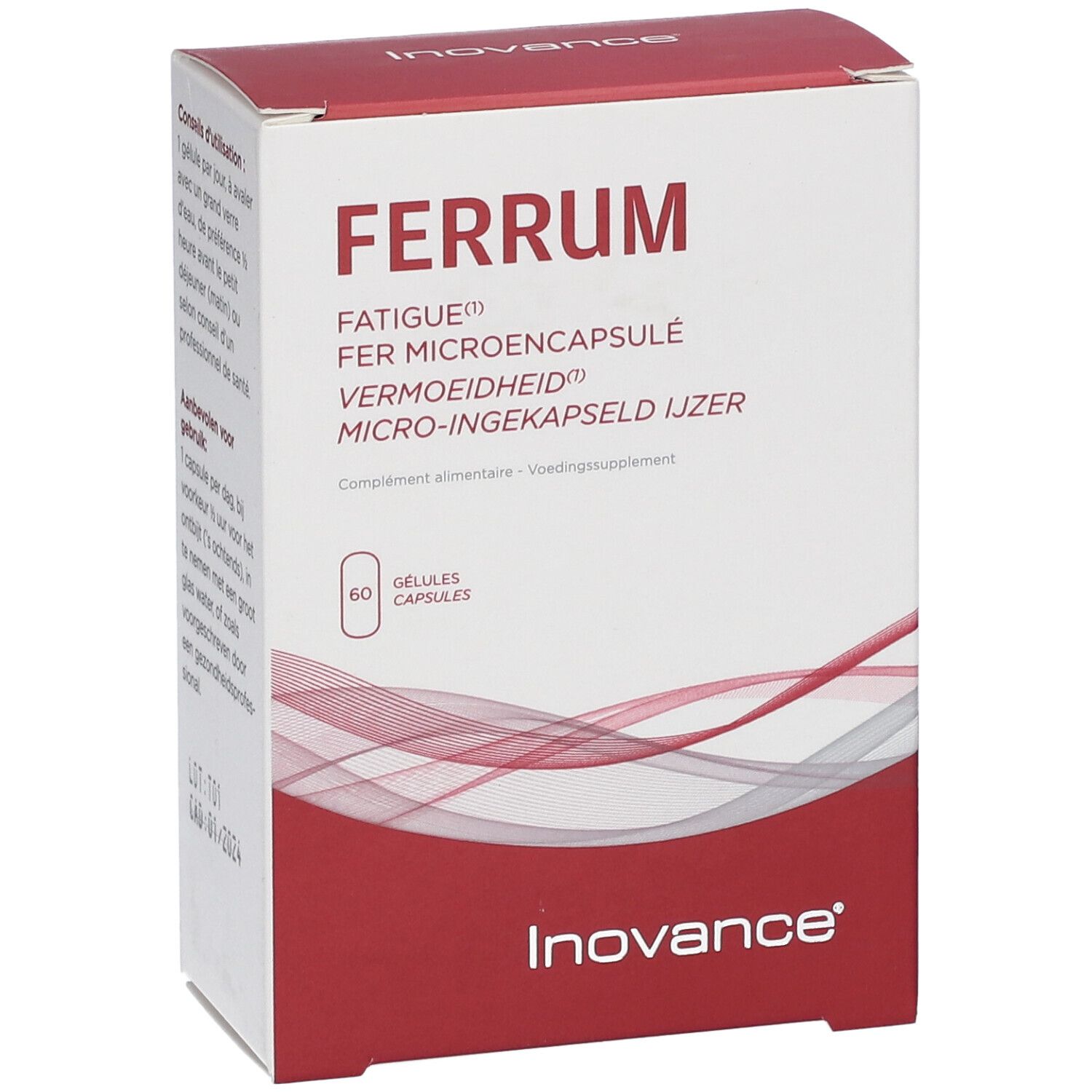 Inovance® Ferrum-Schachtel. Rote und weiße Verpackung. Enthält 60 Kapseln. Text: Ferrum, Fatigue, Fer Microencapsule, Vermoeidheid, Micro-ingekapseld ijzer.