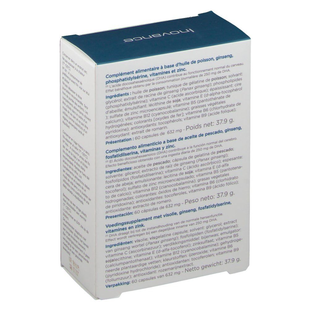 Dos de la boîte blanche. Texte en français, espagnol et néerlandais. Ingrédients et informations nutritionnelles. Marque Inovance.
