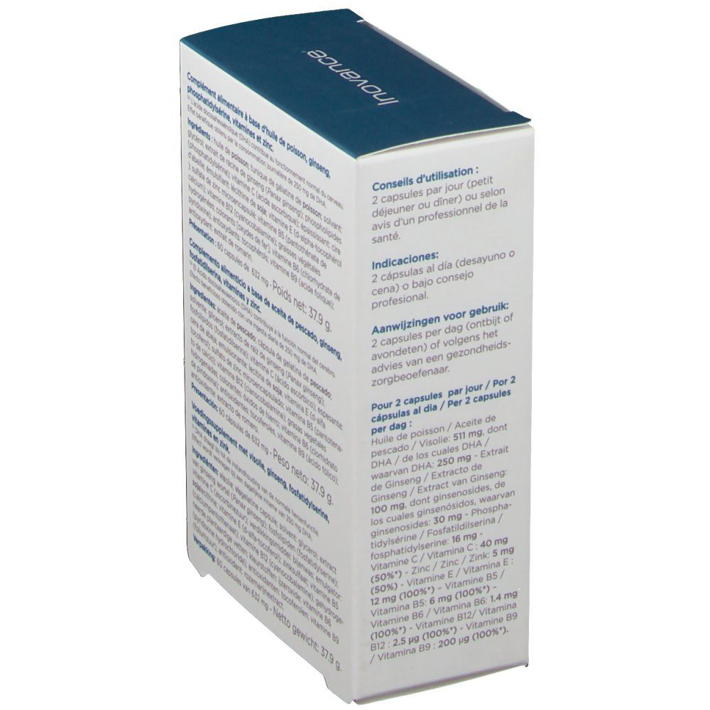 Dos de la boîte blanche. Texte en français, espagnol et néerlandais. Instructions de dosage. Marque Inovance.