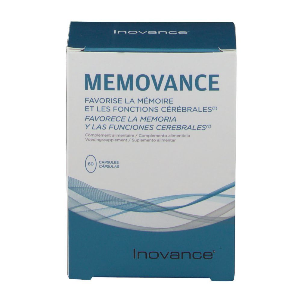 Boîte blanche et bleue. Inscription MEMOVANCE, favorise la mémoire. 60 gélules. Marque Inovance.