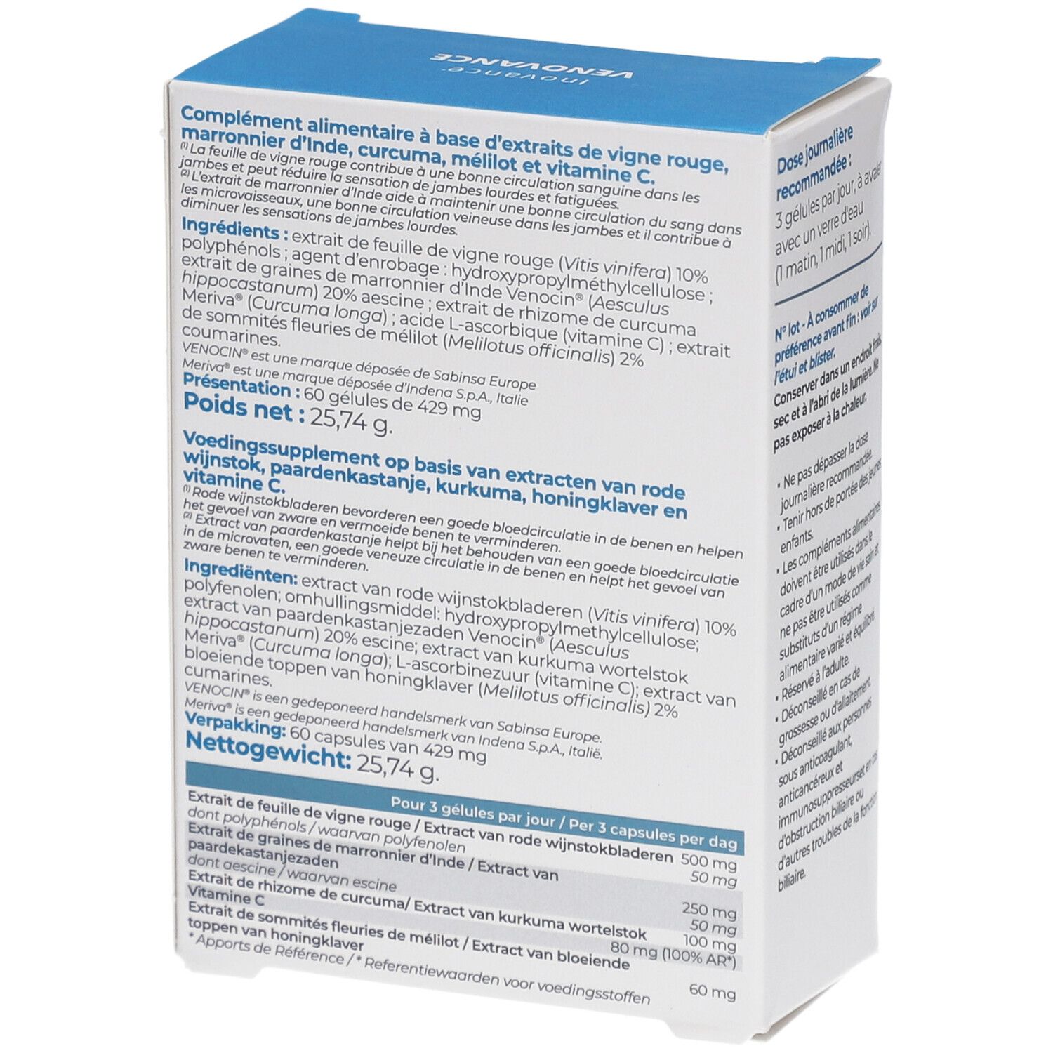 Dos de la boîte Inovance Venovance. Contient des informations sur les ingrédients et le dosage. Texte multilingue.