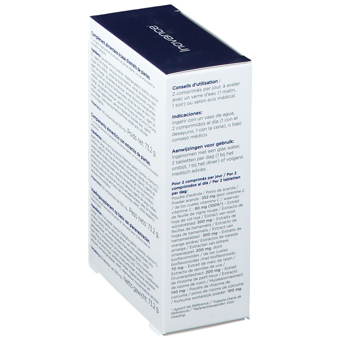 Dos de la boîte Inovance. Contient des informations sur les ingrédients et le dosage. Texte multilingue.
