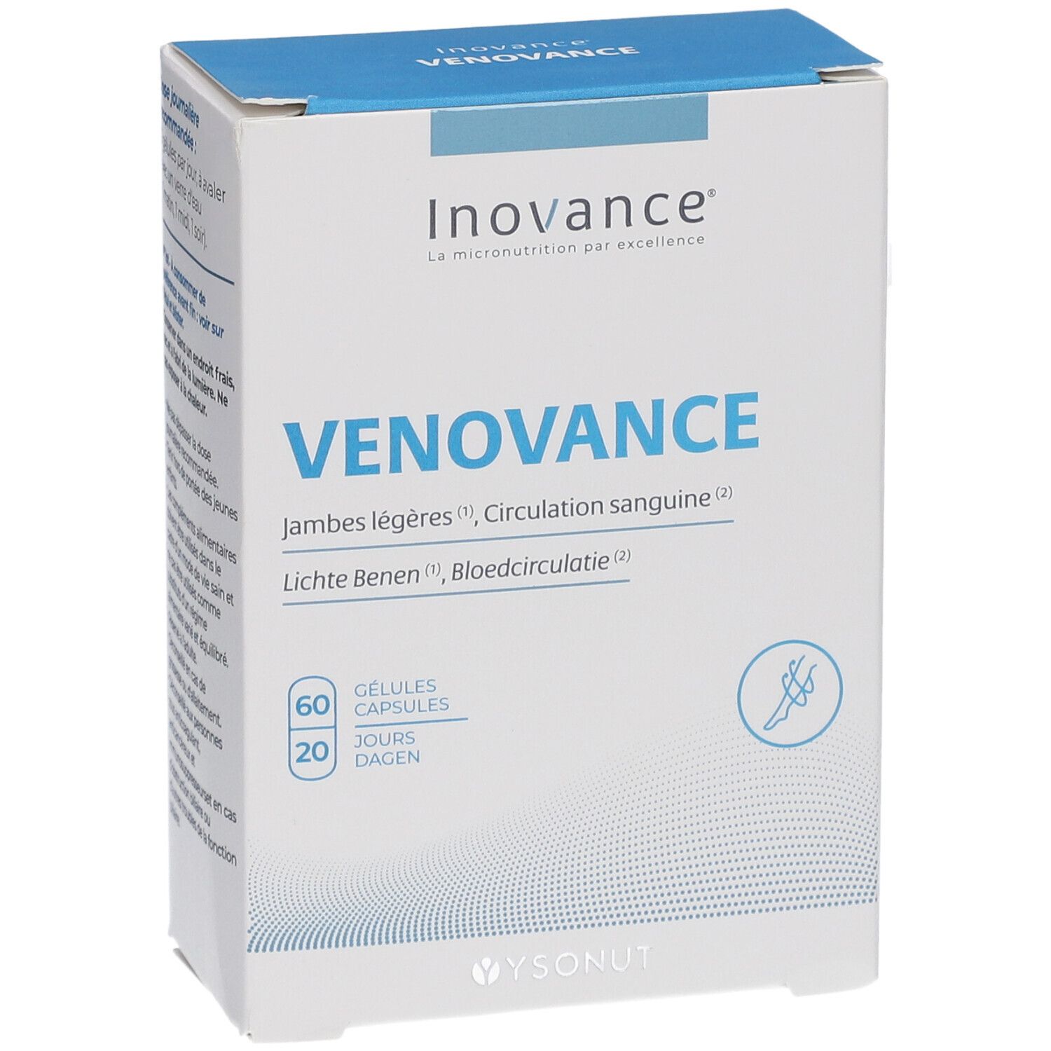 Boîte Inovance Venovance. Contient 60 gélules. Emballage bleu et blanc. Texte en français et néerlandais.