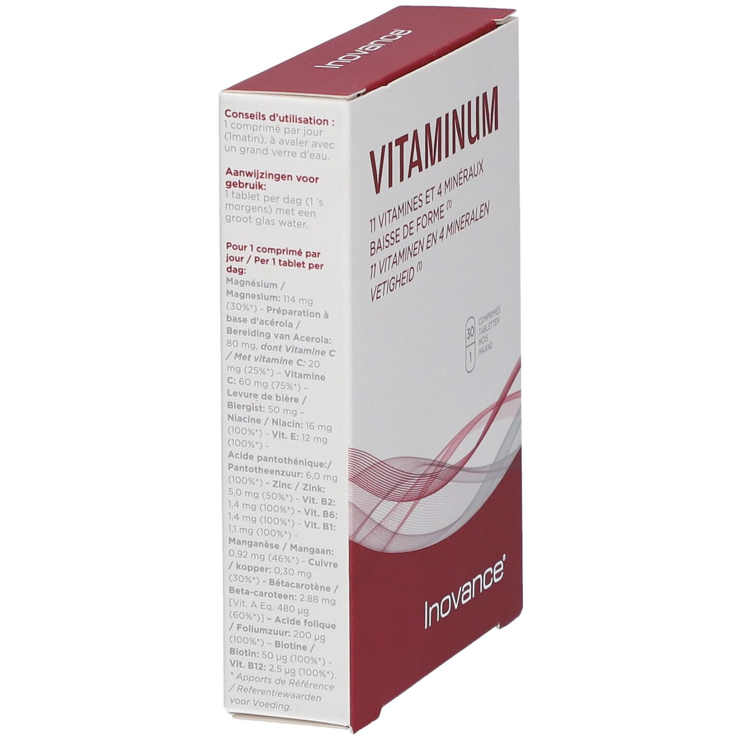 Vue latérale de l'emballage Inovance Vitaminum. Contient des informations sur les ingrédients et le dosage.