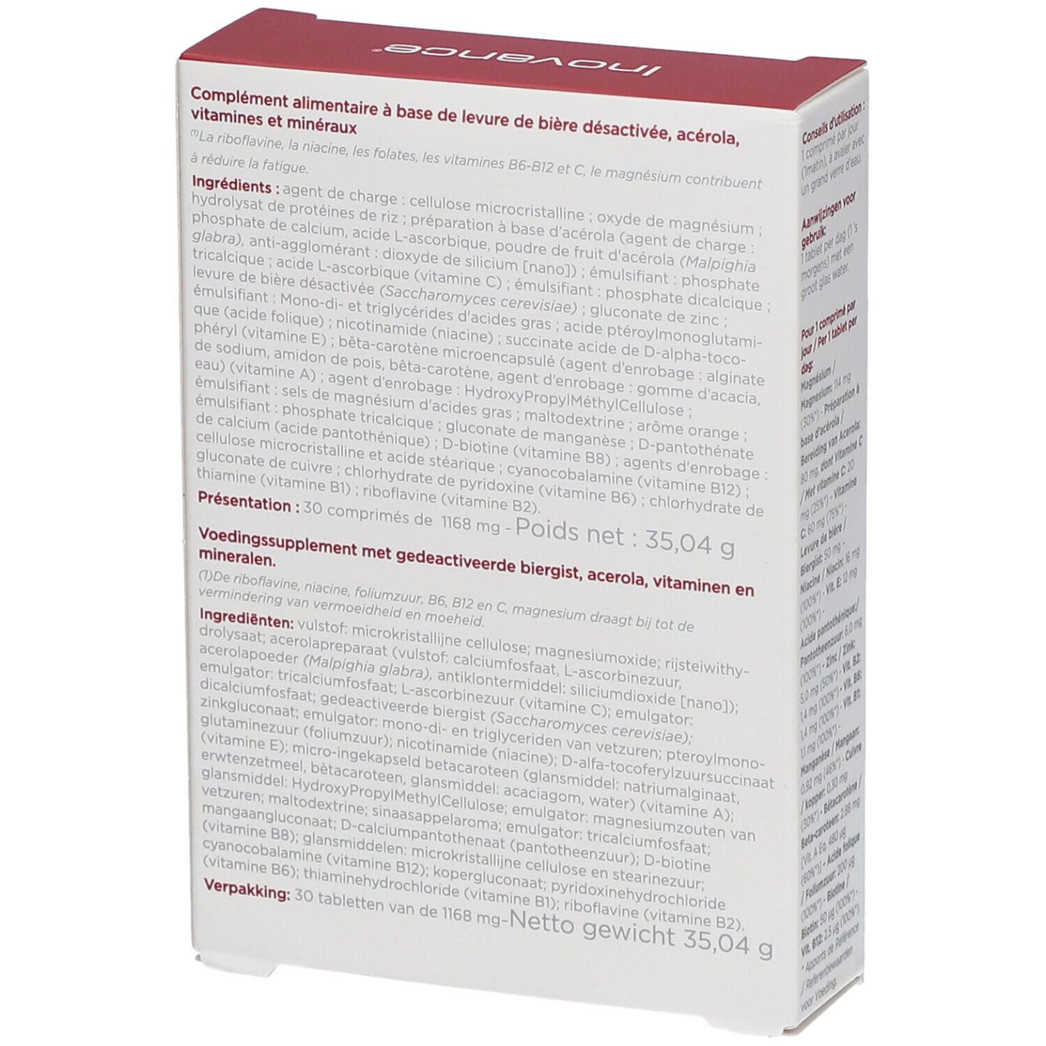 Dos de l'emballage Inovance Vitaminum. Contient des informations sur les ingrédients et la valeur nutritionnelle.