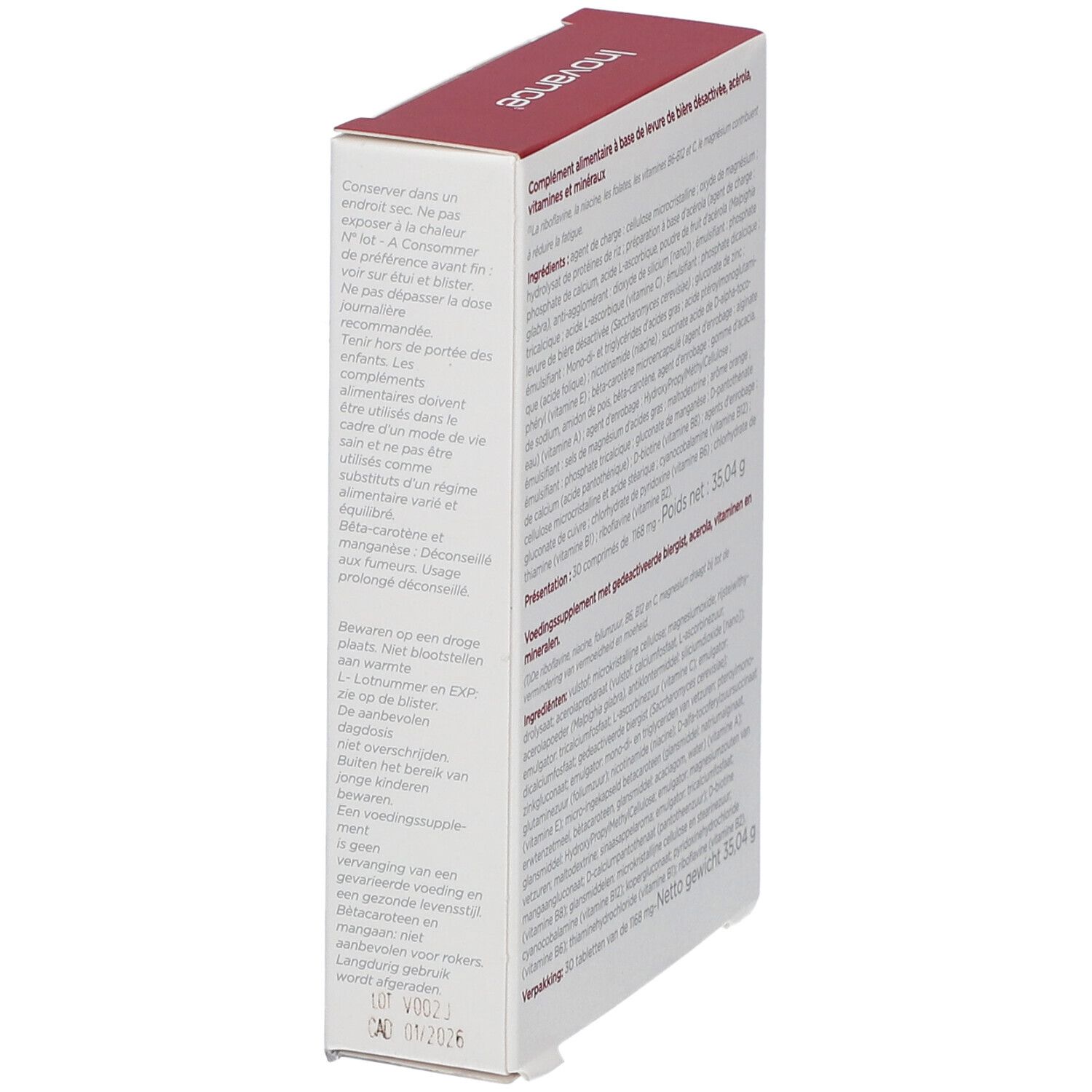 Vue latérale de l'emballage Inovance Vitaminum. Contient des informations sur le stockage et la durabilité.