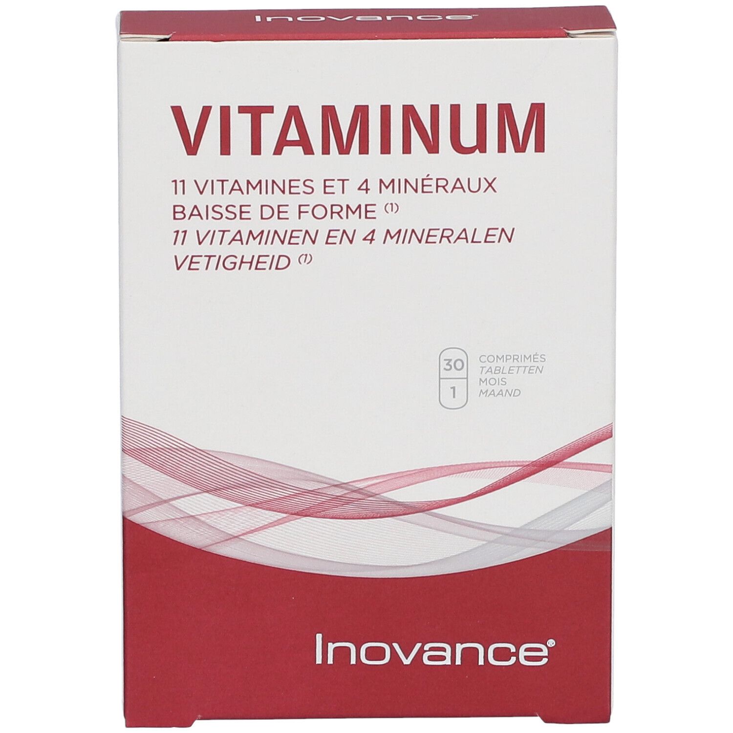 Vue de face de l'emballage Inovance Vitaminum. Carton rouge et blanc avec nom du produit et logo.