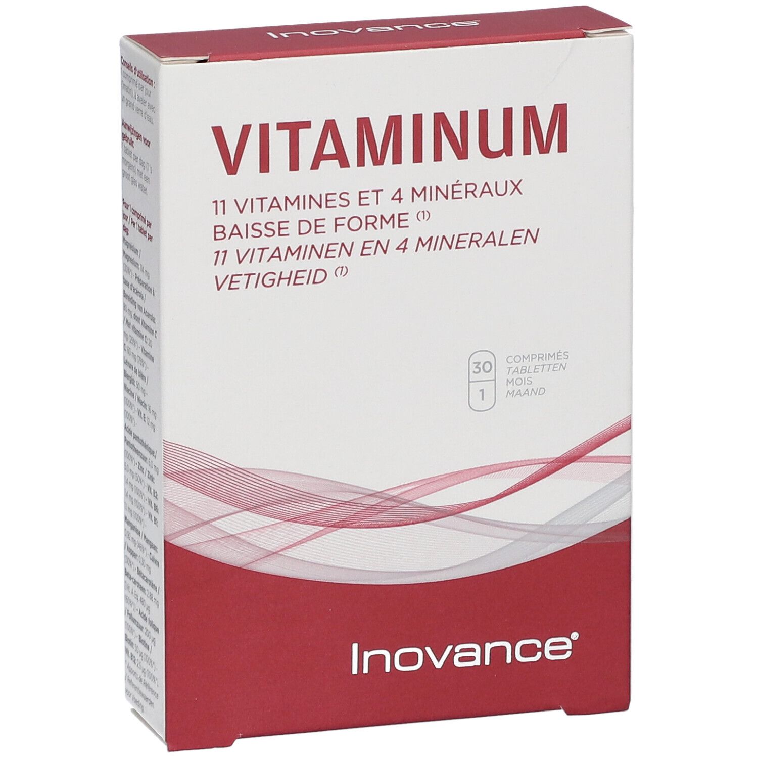 Vue de face de l'emballage Inovance Vitaminum. Carton rouge et blanc avec nom du produit et logo.