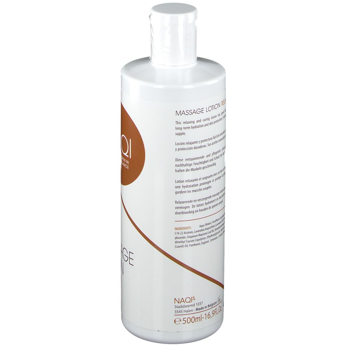 Rückseite der weißen Flasche. Text in mehreren Sprachen. NAQI Logo. Inhaltsstoffe. 500ml.