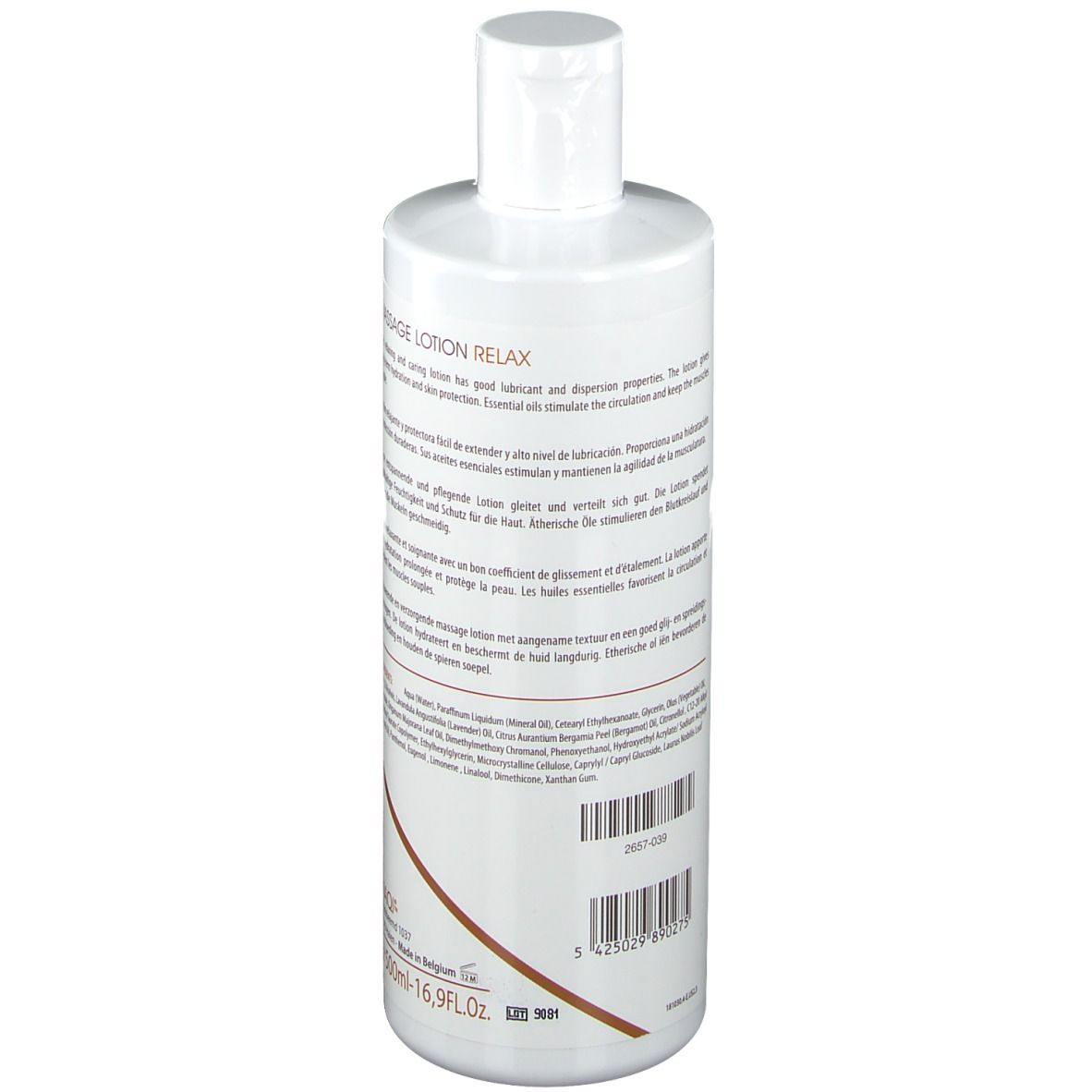 Rückseite der weißen Flasche. Text in mehreren Sprachen. NAQI Logo. Barcode. 500ml.