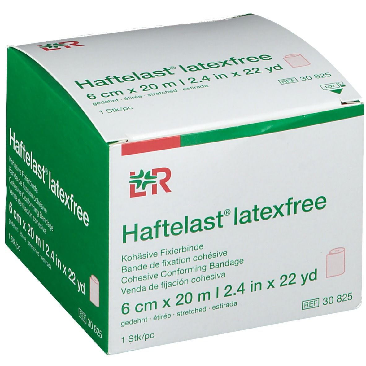 Bande de fixation Haftelast® latexfree, 6 cm x 20 m. Emballage vert et blanc. Informations produit et logo.