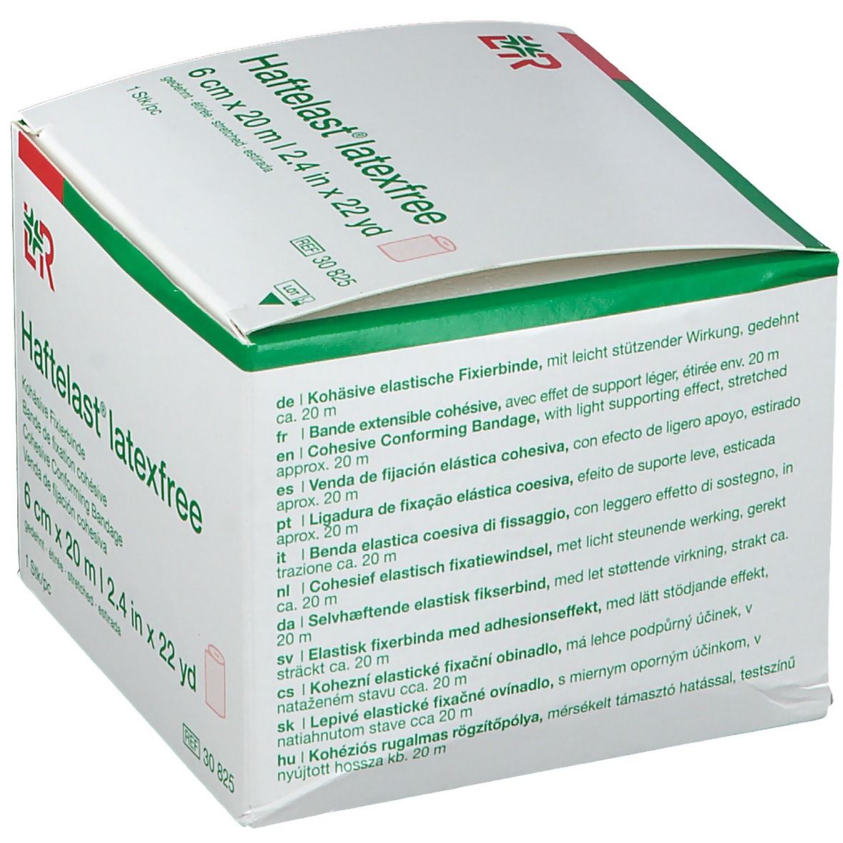 Bande de fixation Haftelast® latexfree, 6 cm x 20 m. Emballage avec informations produit multilingues.