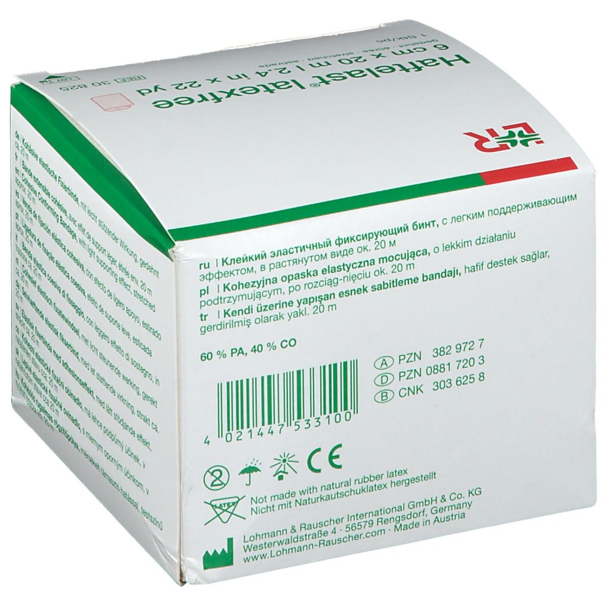 Dos de l'emballage Haftelast® latexfree. Informations produit, fabricant et certifications.