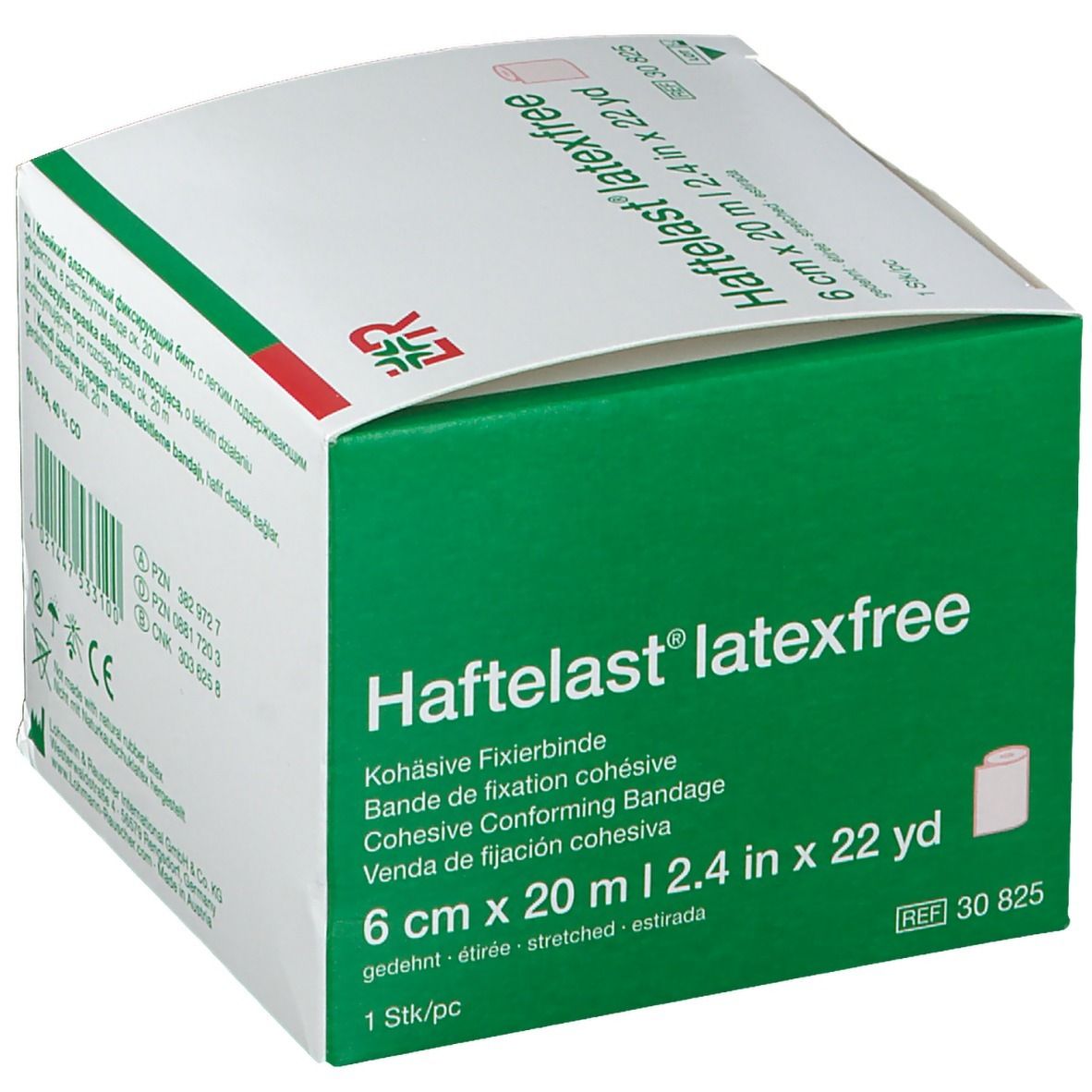 Bande de fixation Haftelast® latexfree, 6 cm x 20 m. Emballage avec nom du produit et logo.