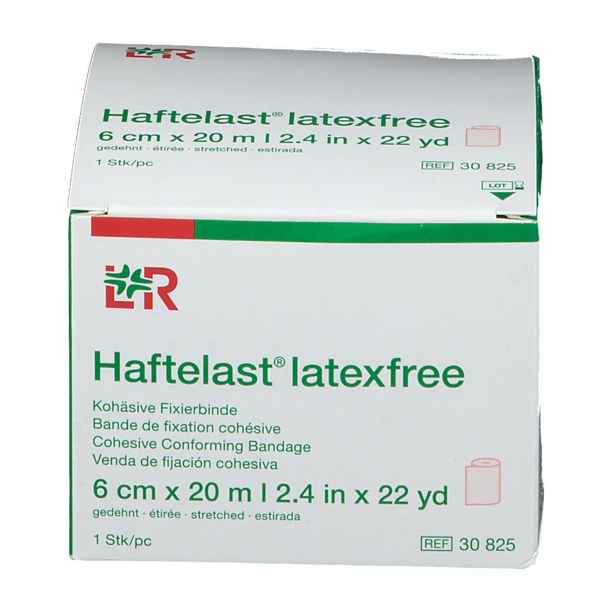 Deux emballages Haftelast® latexfree, 6 cm x 20 m. Informations produit et logo.