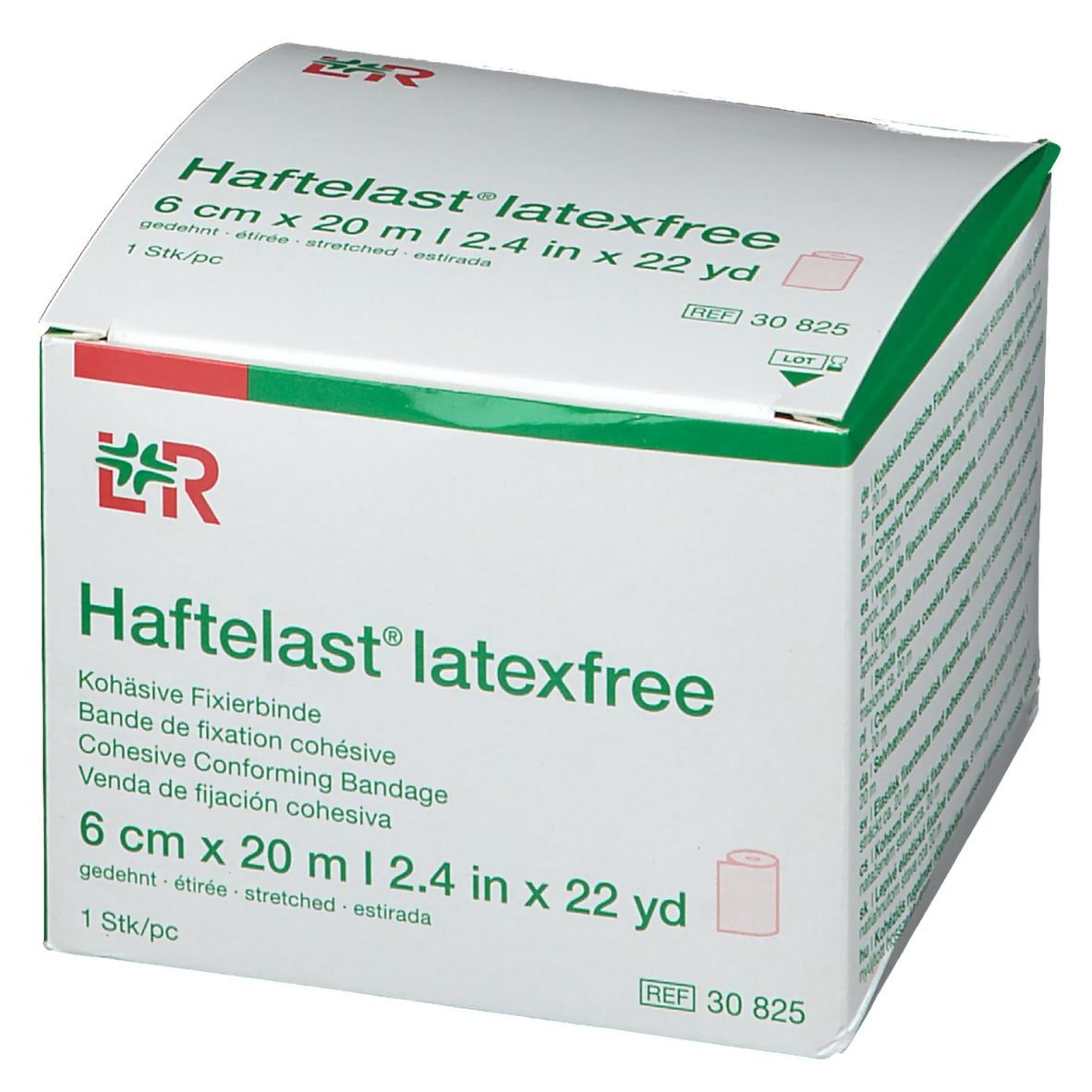 Bande de fixation Haftelast® latexfree, 6 cm x 20 m. Emballage avec informations produit et logo.